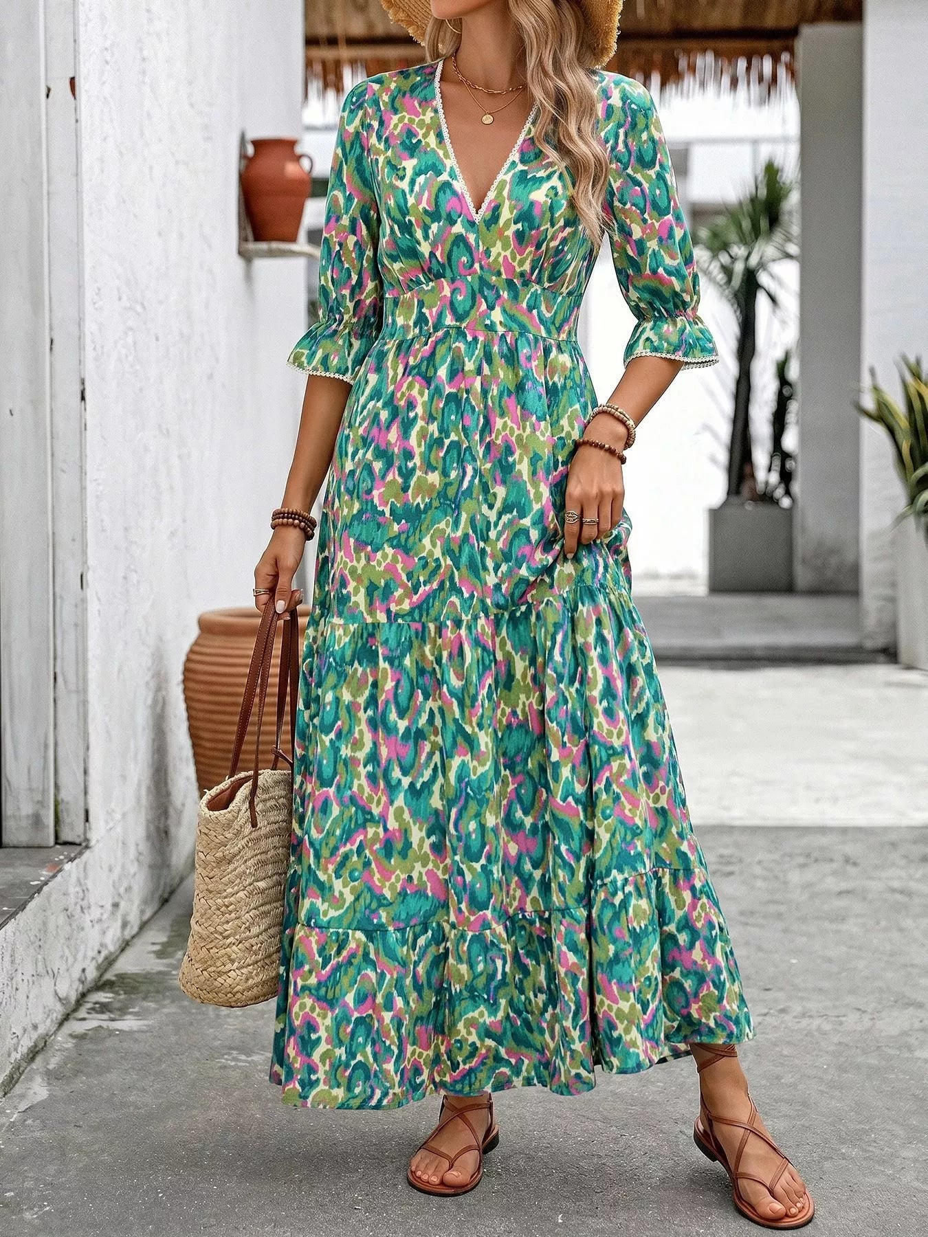 Printed V-Neck Flounce Sleeve Dress