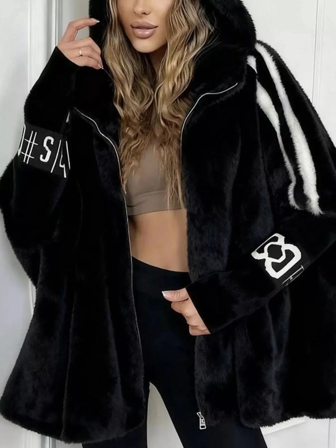 Hooded Faux Fur Striped Trim Outerwear