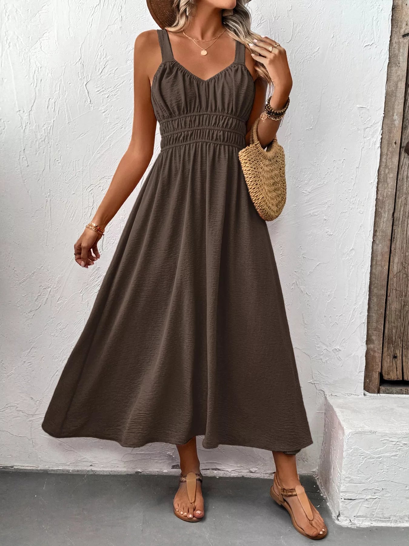 Sleeveless Smocked Casual Midi Dress