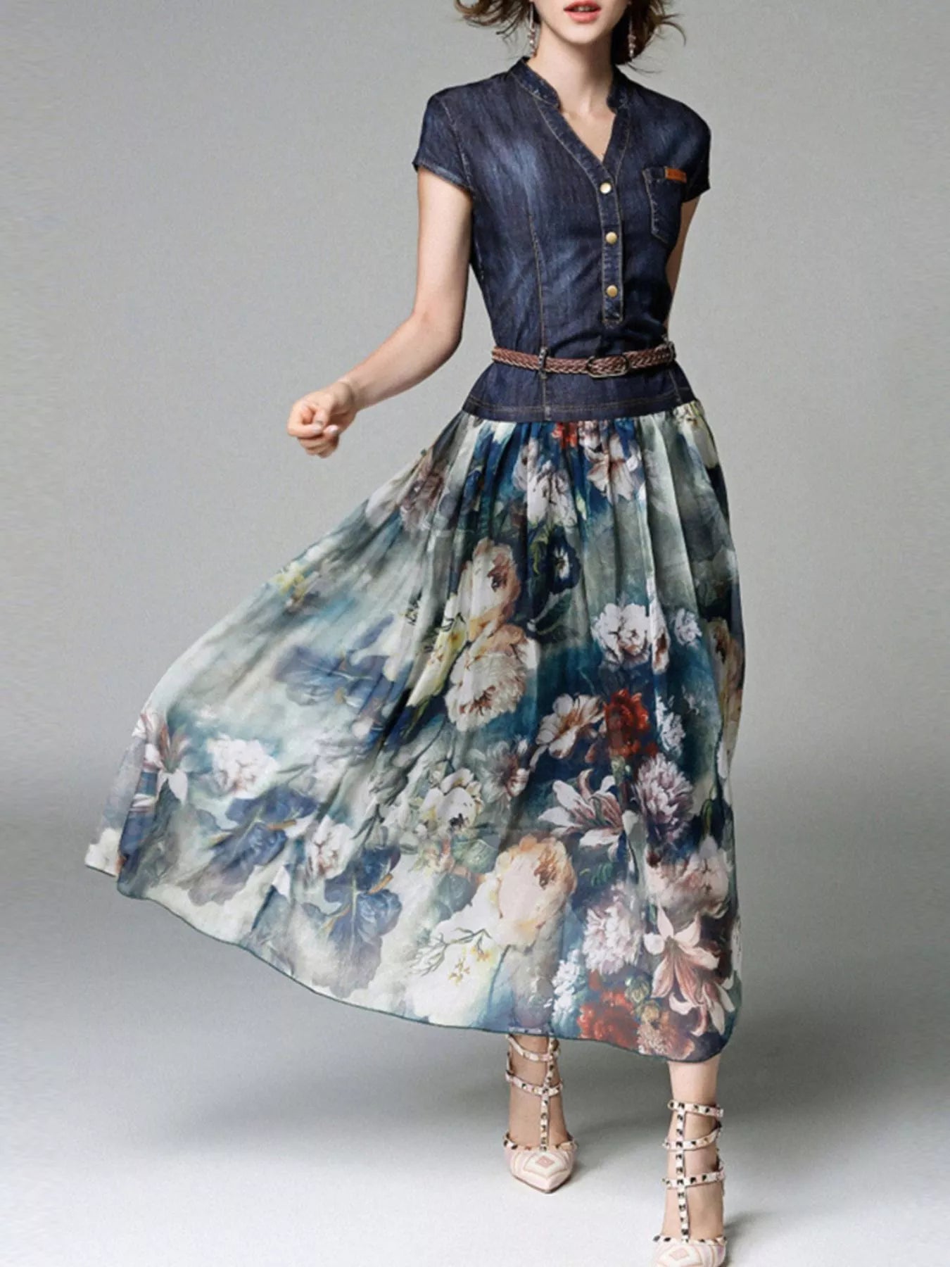 Full Size Patchwork Floral Print Chiffon Dress Plus Size