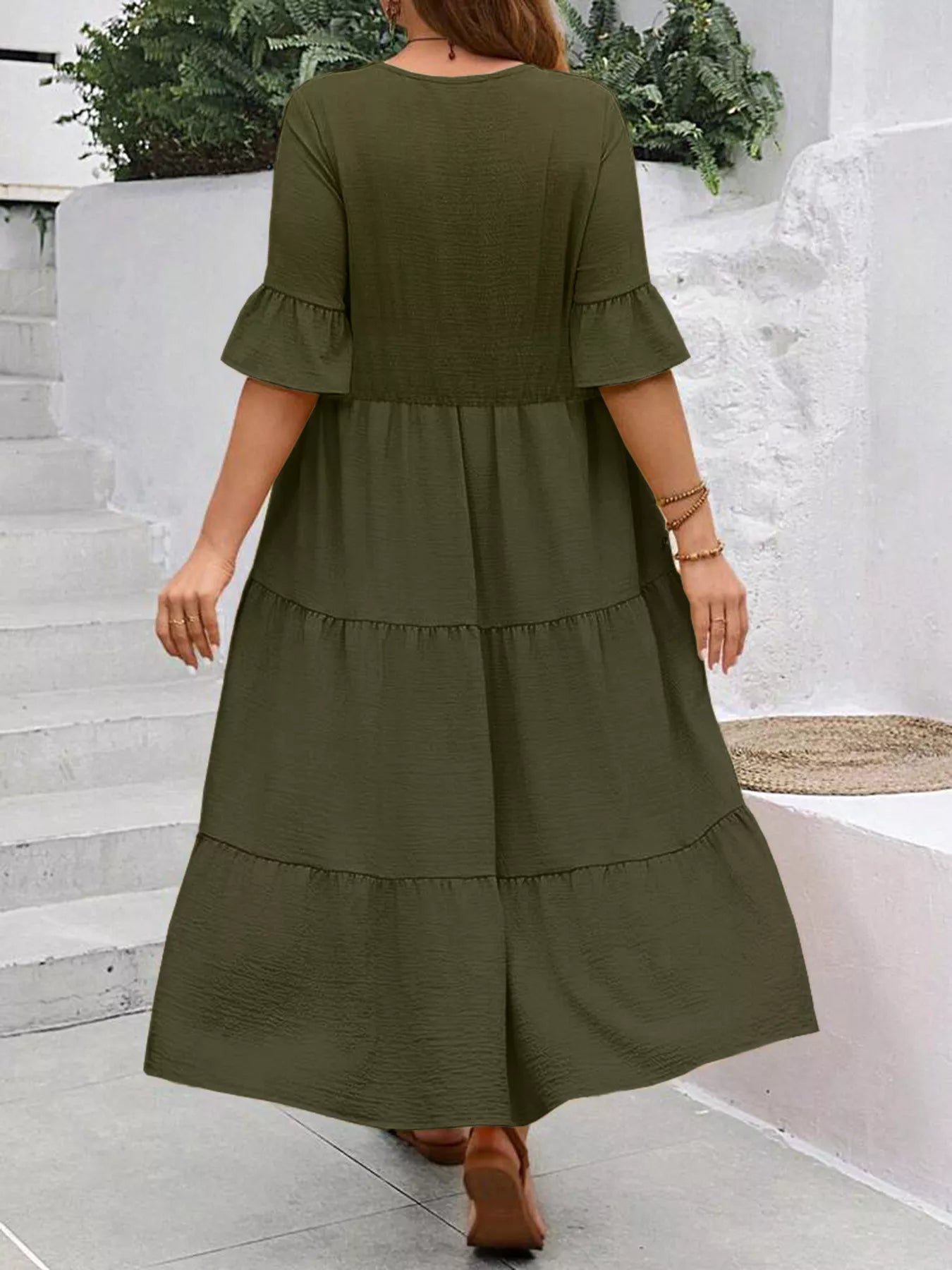 Plus Size Ruffle Sleeves Tiered Midi Dress