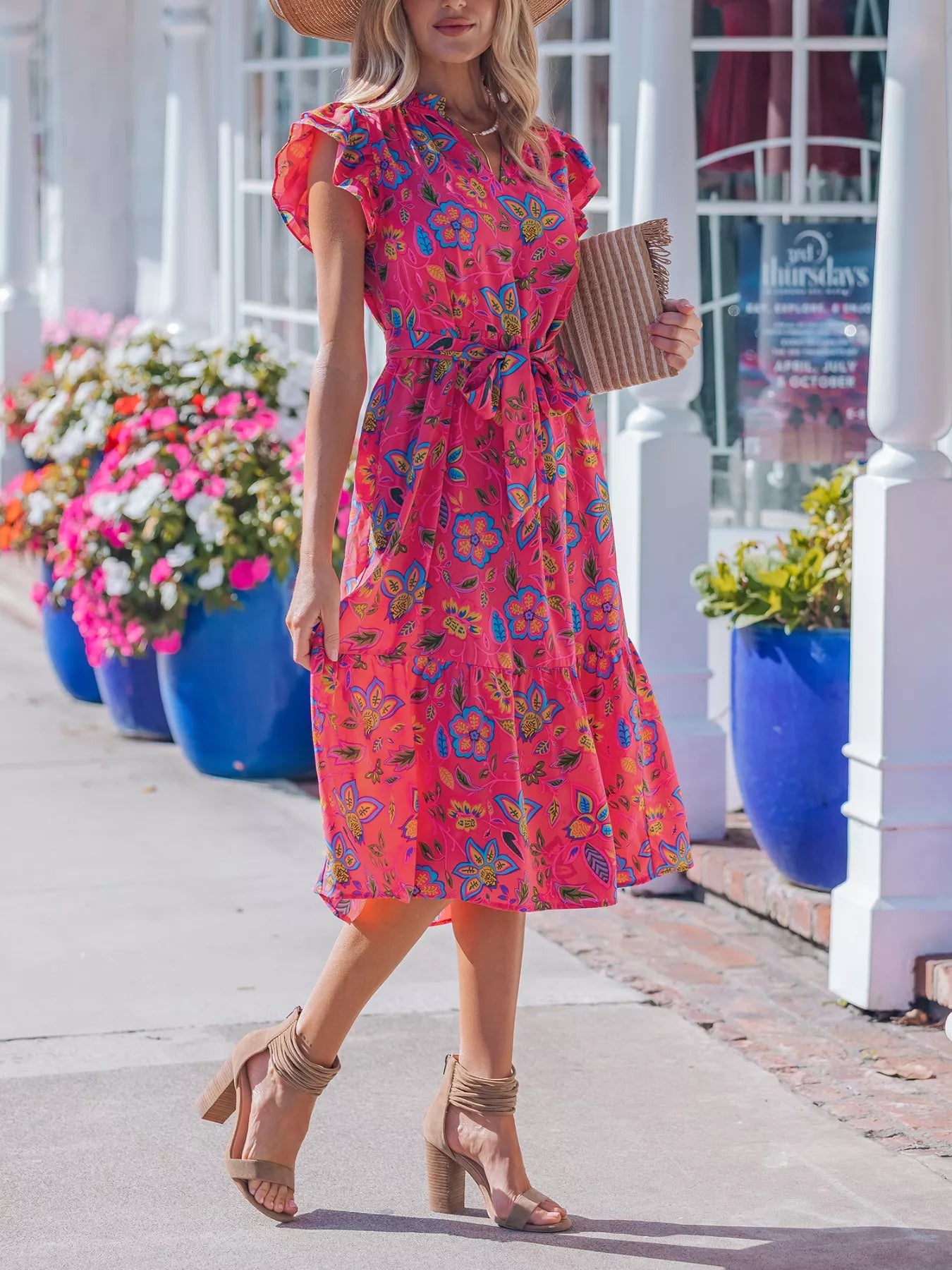 Flutter Sleeve Belted Floral Dress