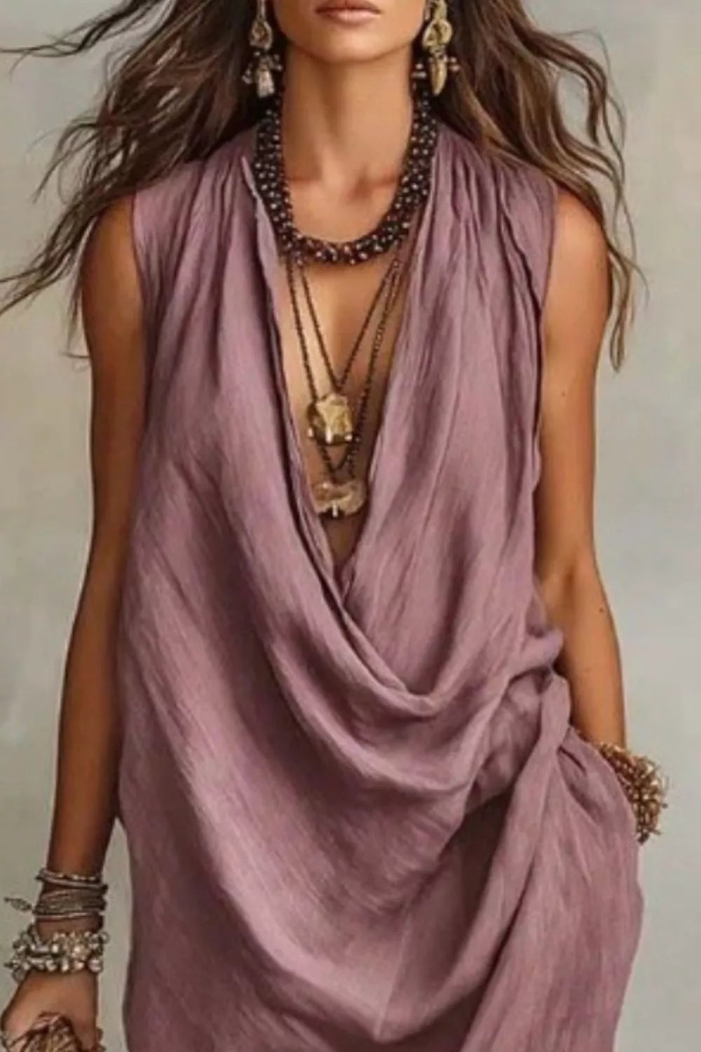 Sleeveless Drape Neck Midi Dress