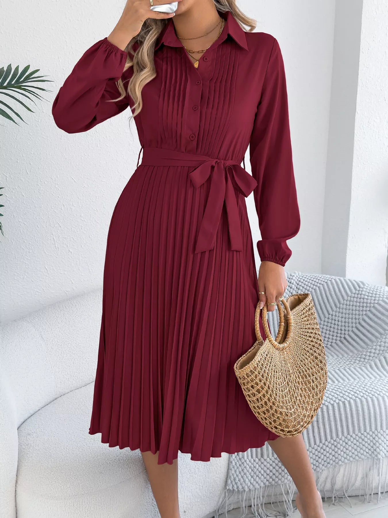 Pleated Tie Waist Balloon Sleeve Dress
