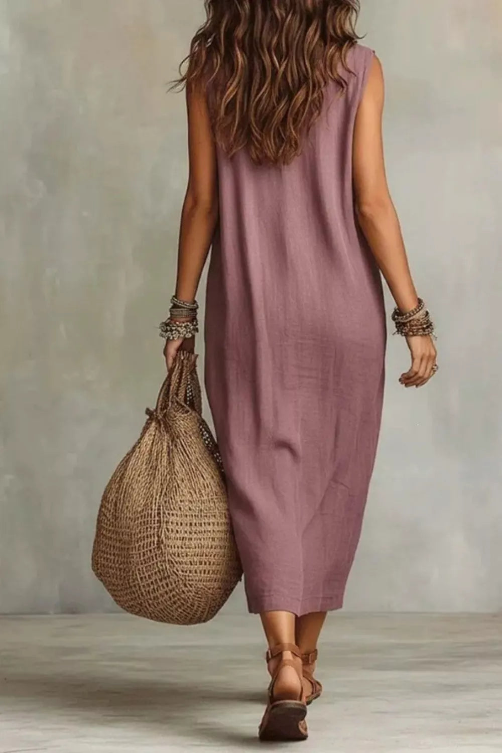 Sleeveless Drape Neck Midi Dress