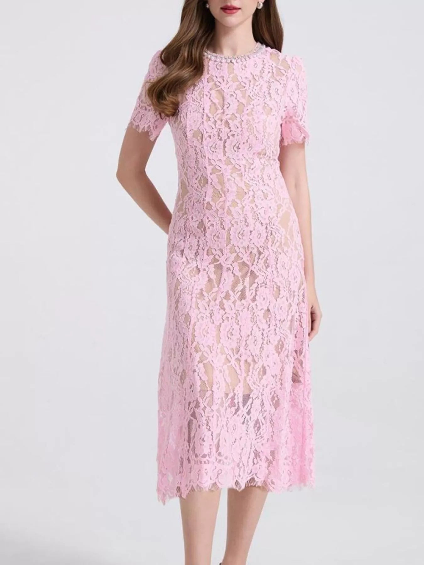 Lace Pearl Neckline Midi Dress