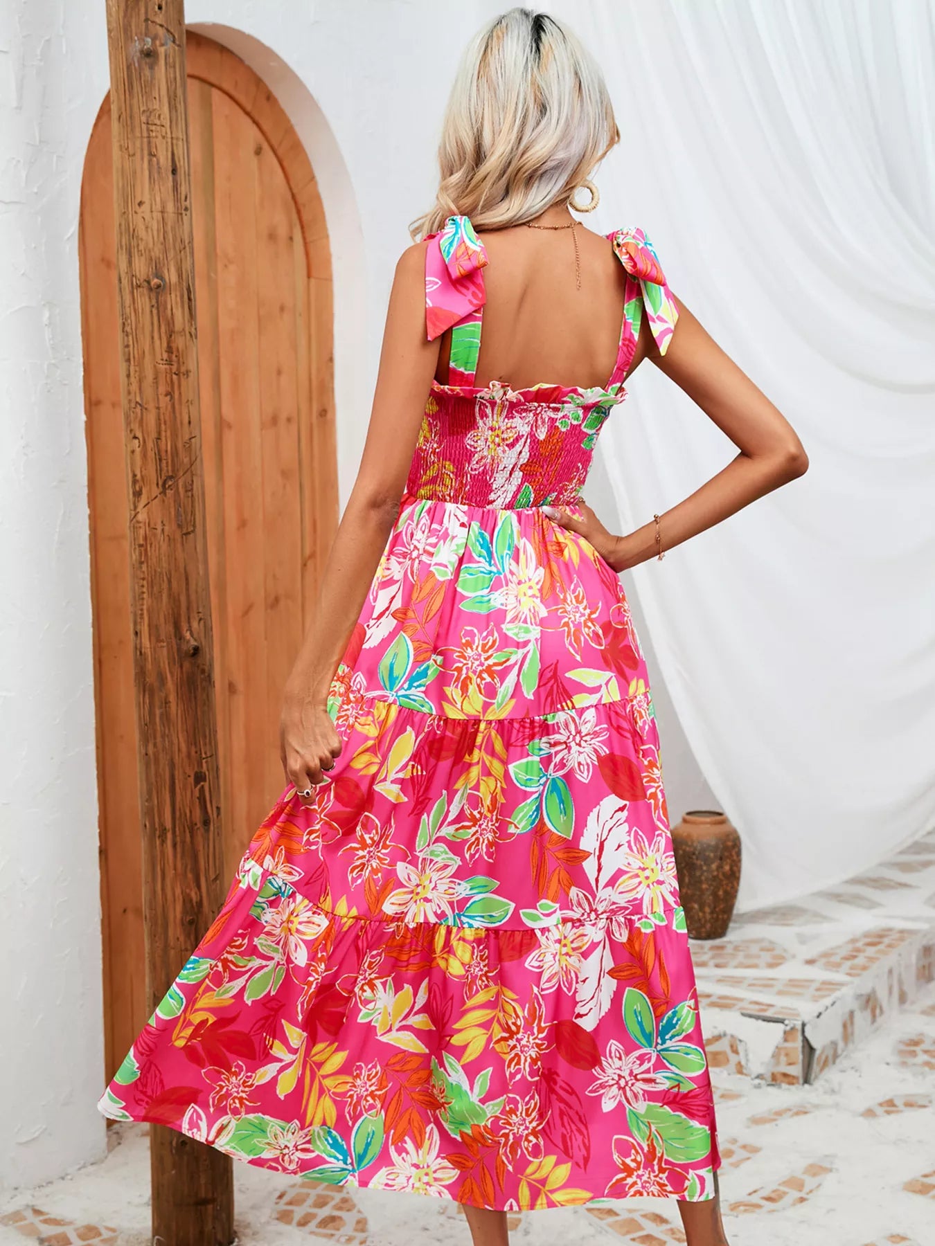 Tropical Print Smocked Tie-Strap Dress