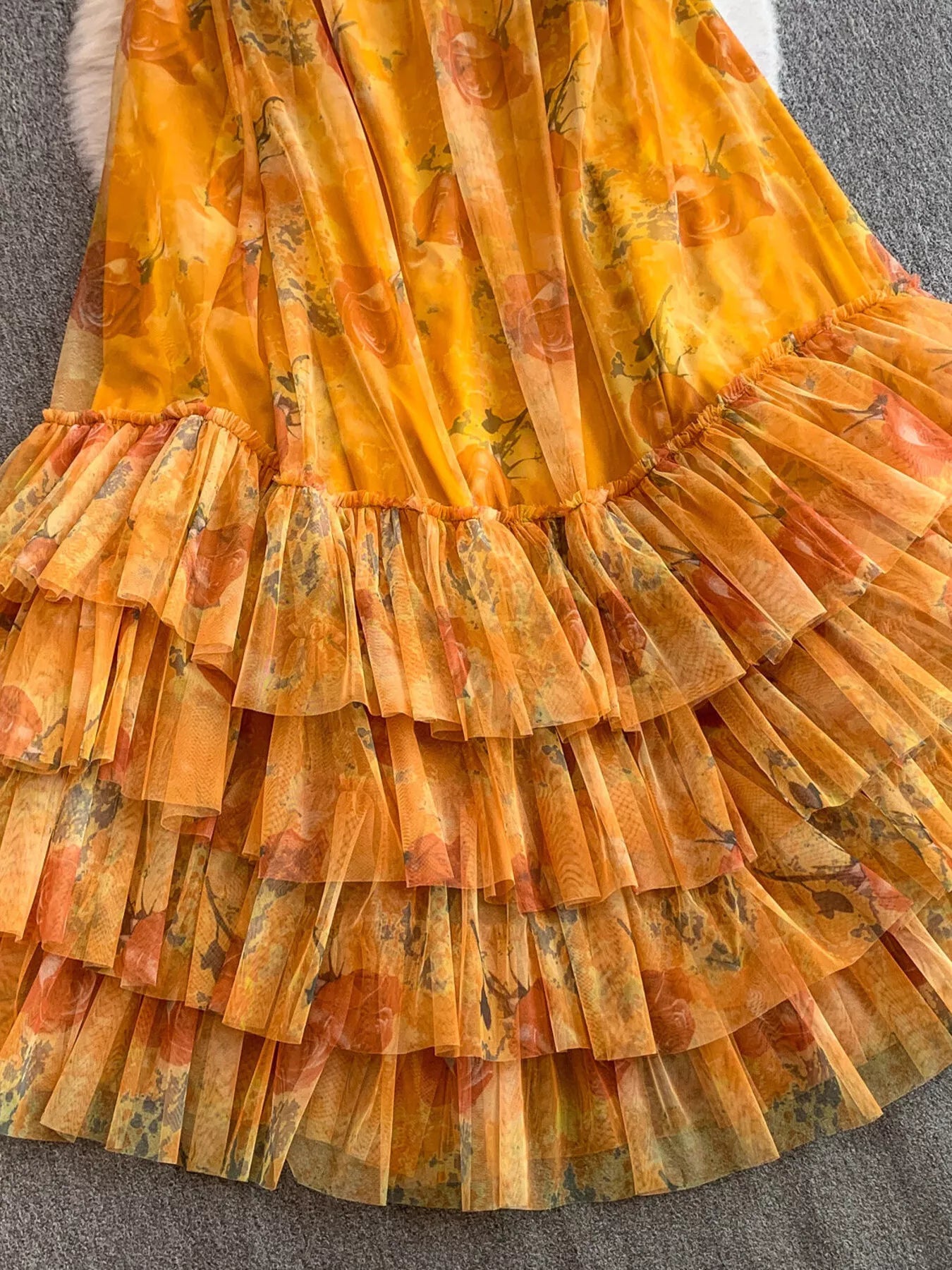 Floral Print Ruffled Layered Mesh Dress