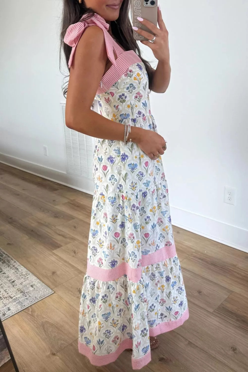 Tiered Floral Tie Shoulder Midi Dress