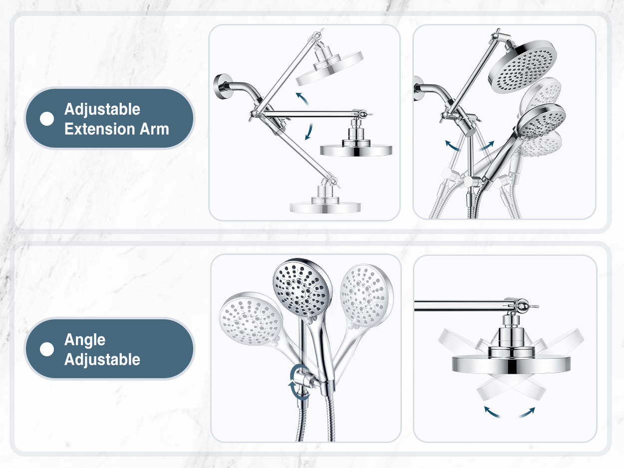 Dual Shower Head with Adjustable Extension Arm, 3-Way Diverter and Hose