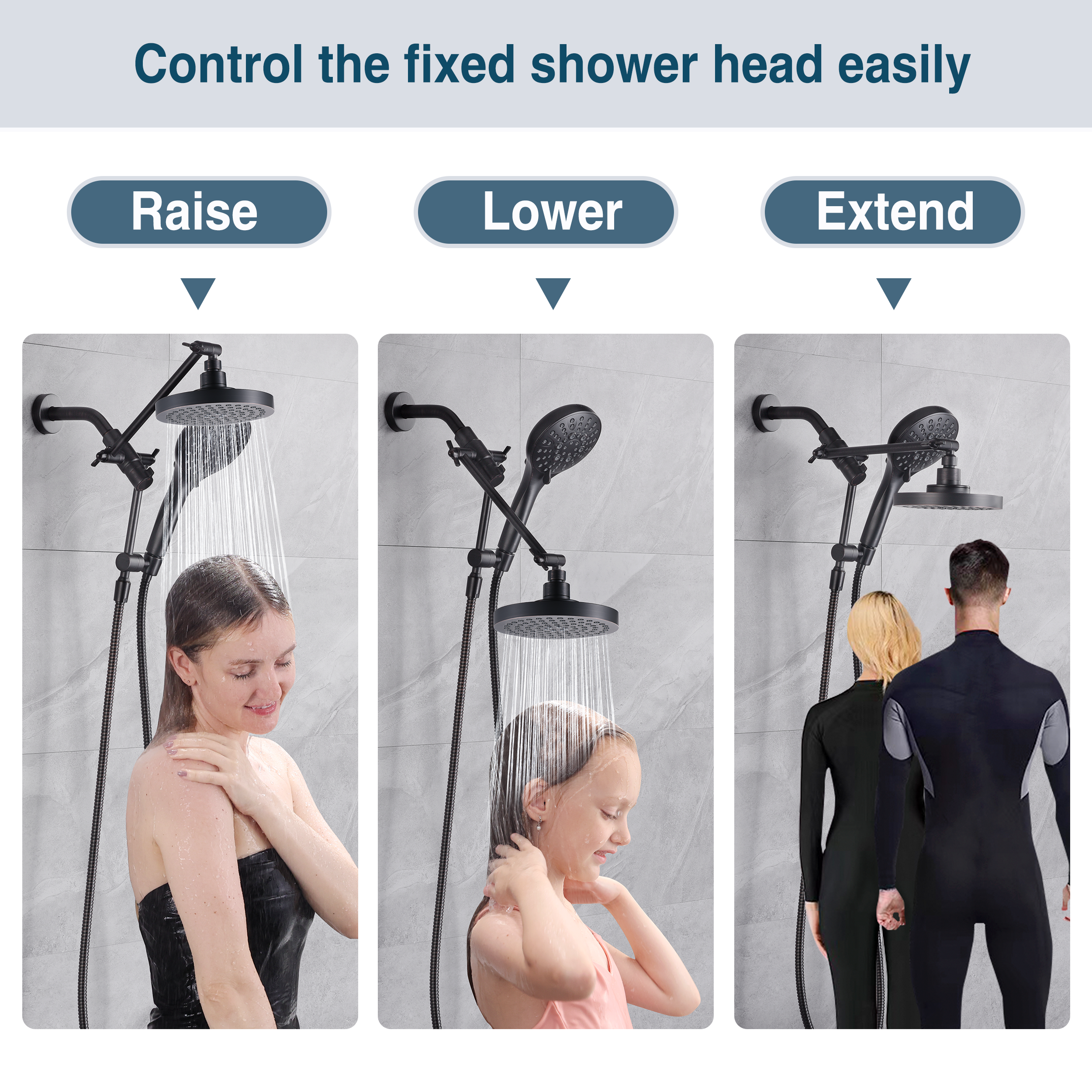Dual Shower Head with Adjustable Extension Arm, 3-Way Diverter and Hose