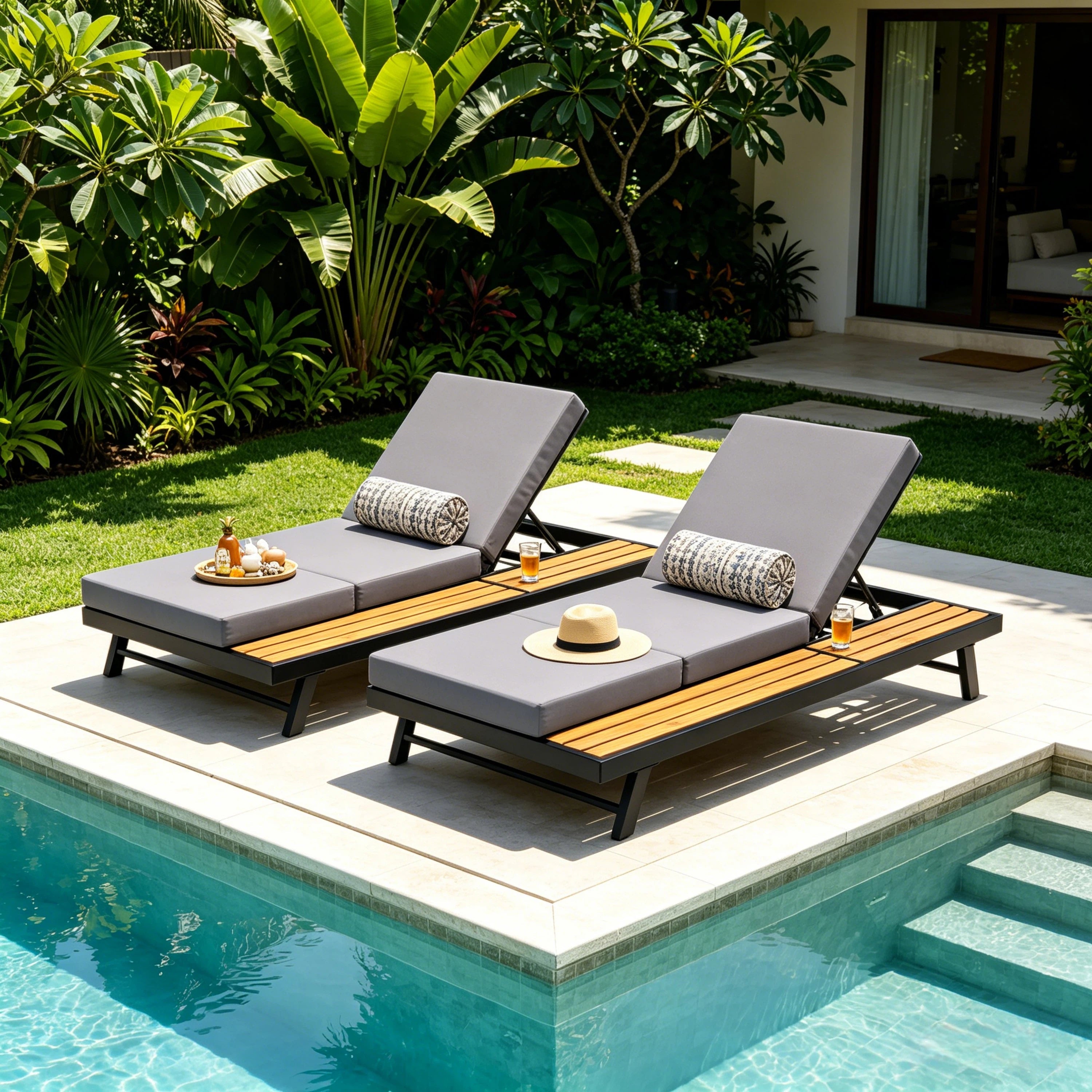 Black Iron + Teak Finish Chaise Lounge Set with Dark Grey Cushion
