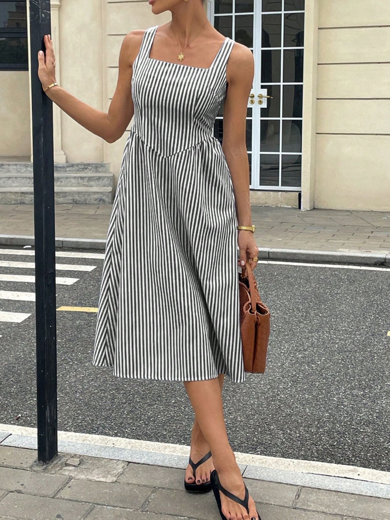 Striped Square Neck Midi Dress
