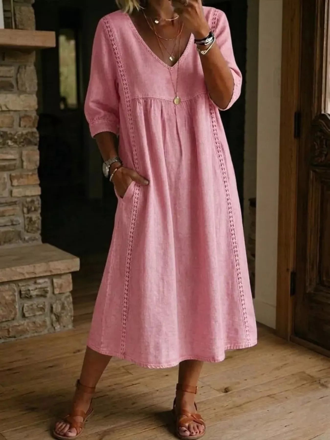Full Size V-Neck 3/4 Sleeve Midi Dress Plus Size