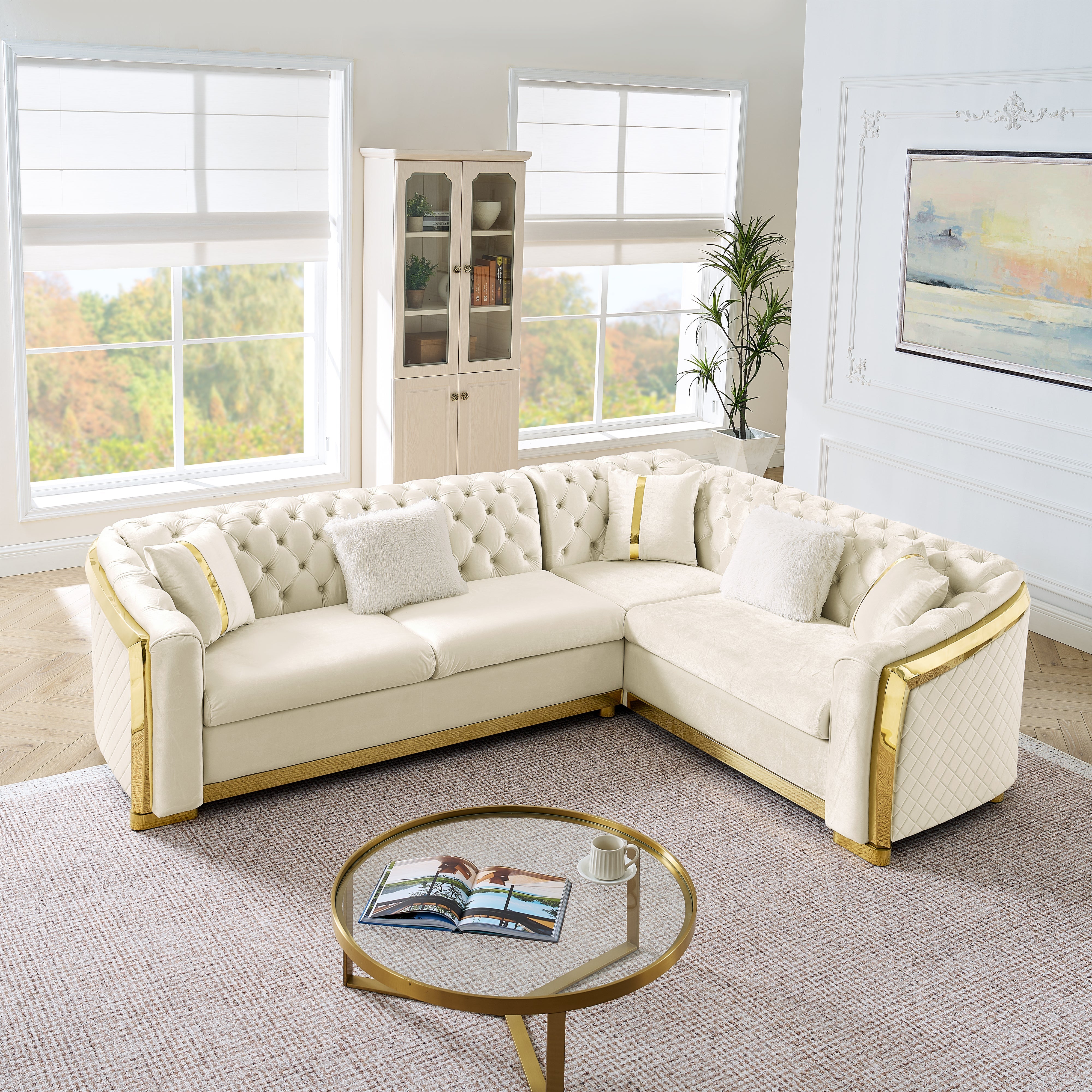 106 Inches L-Shaped Chesterfield Sectional Sofa Set
