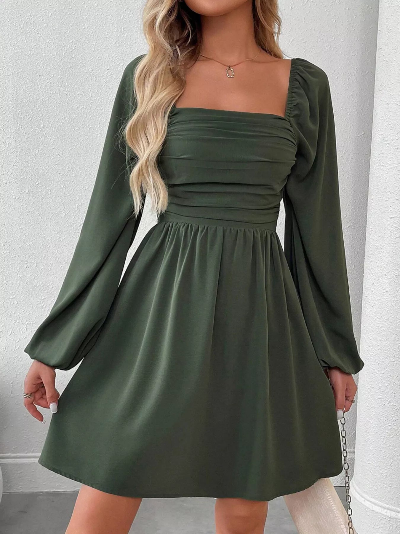 Ruched Square Neck Long Sleeve A-Line Dress