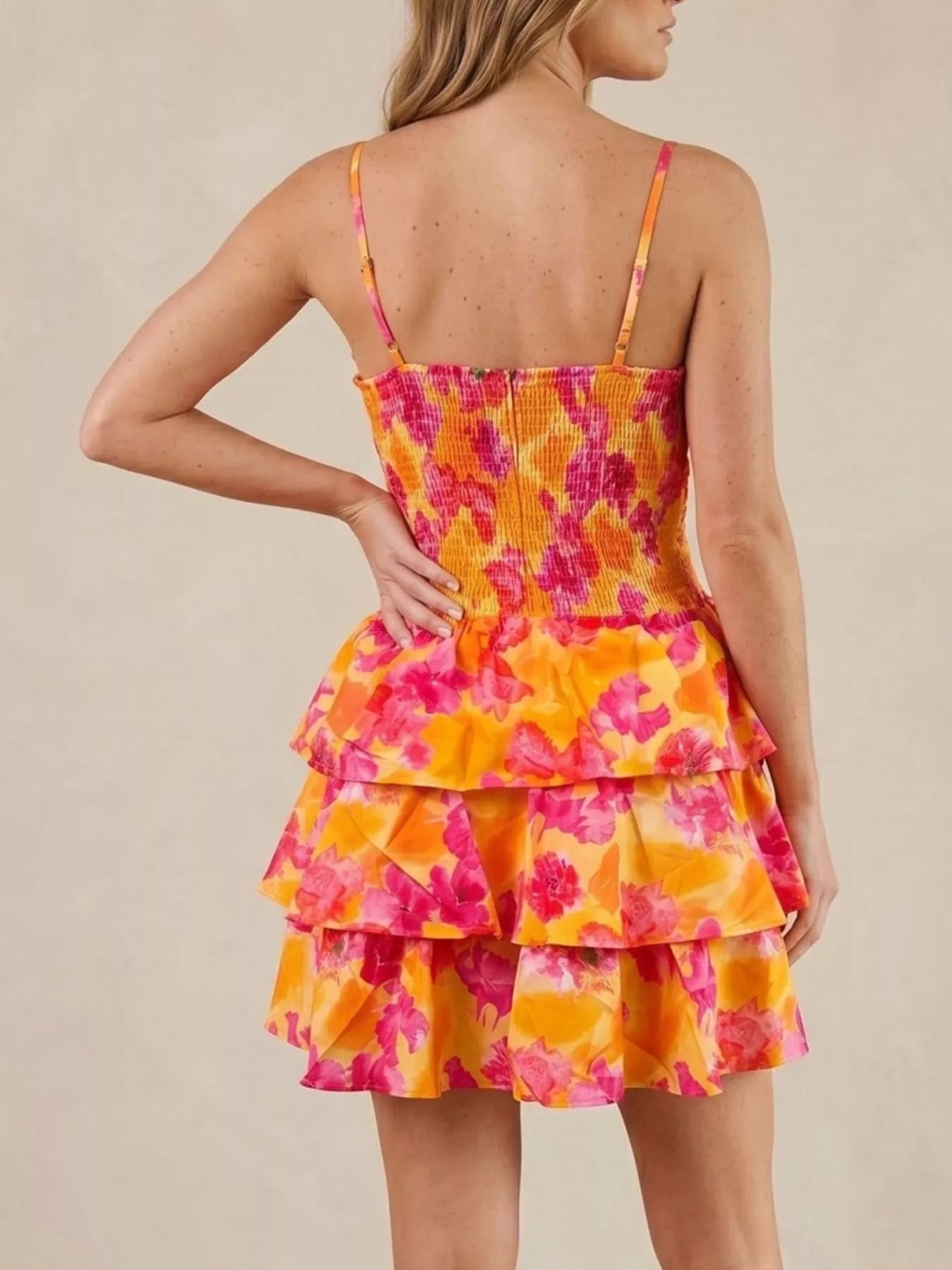 Cutout Floral Print Ruffle Layered Mini Dress