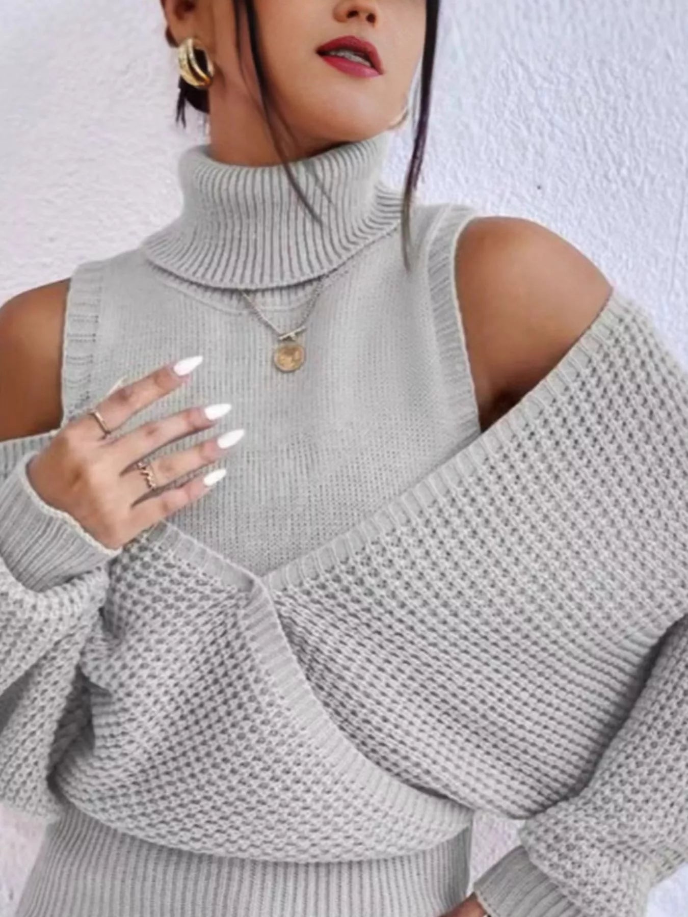 Waffle Knit Cold Shoulder Turtleneck Sweater