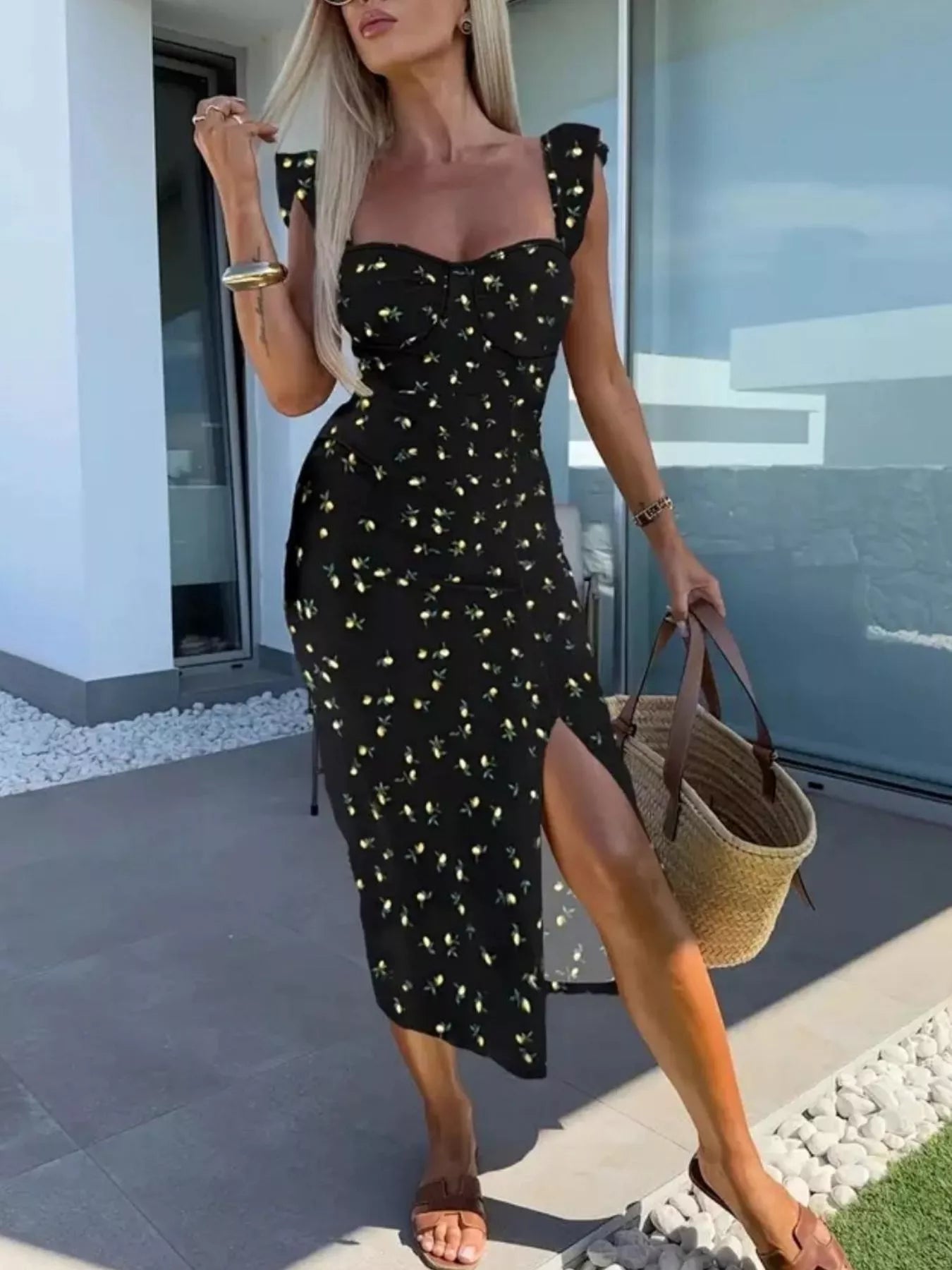 Slit Sweetheart Neck Midi Dress