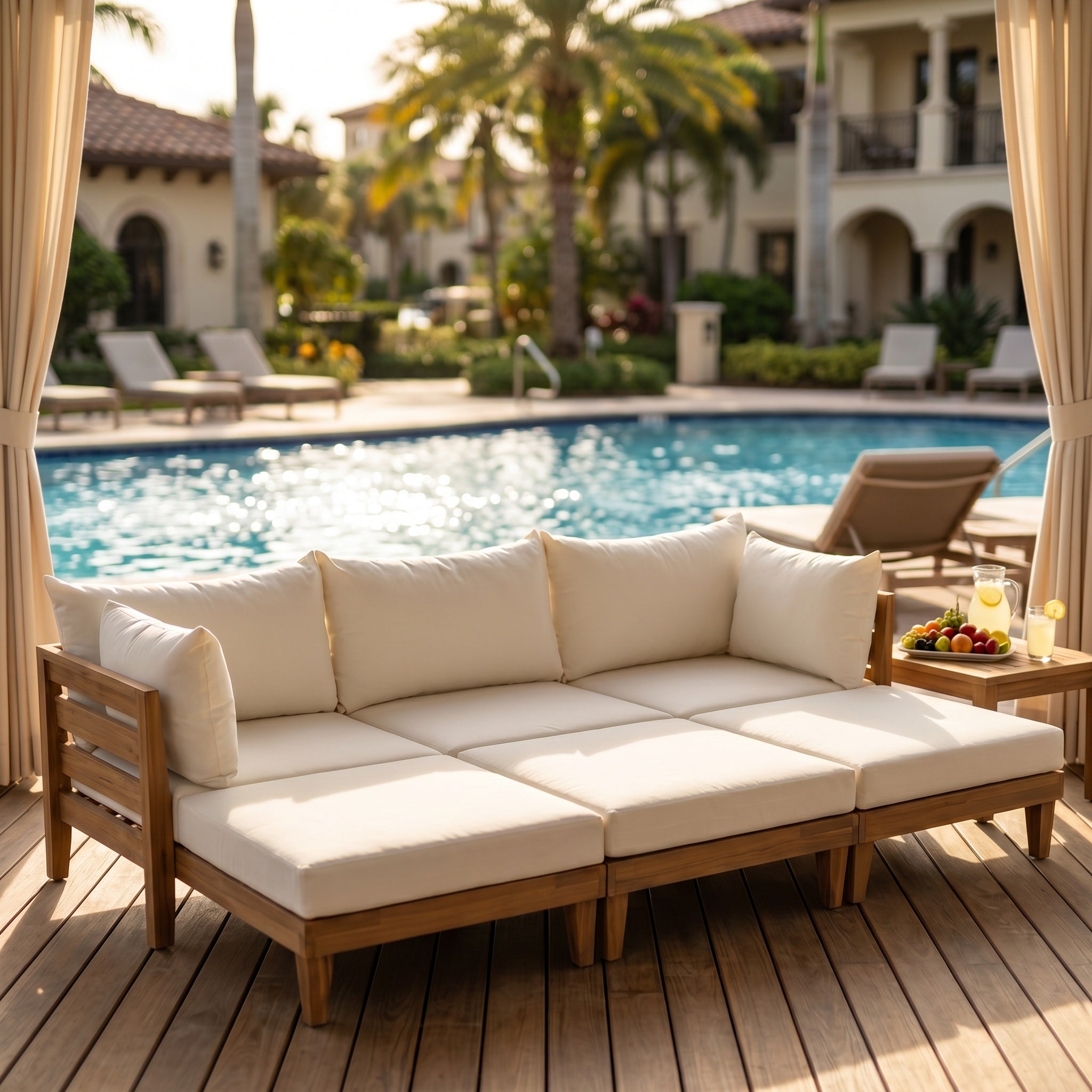TOPMAX Outdoor Large 96.3" W Daybed Acacia Wood 6-Piece Patio Sofa Set