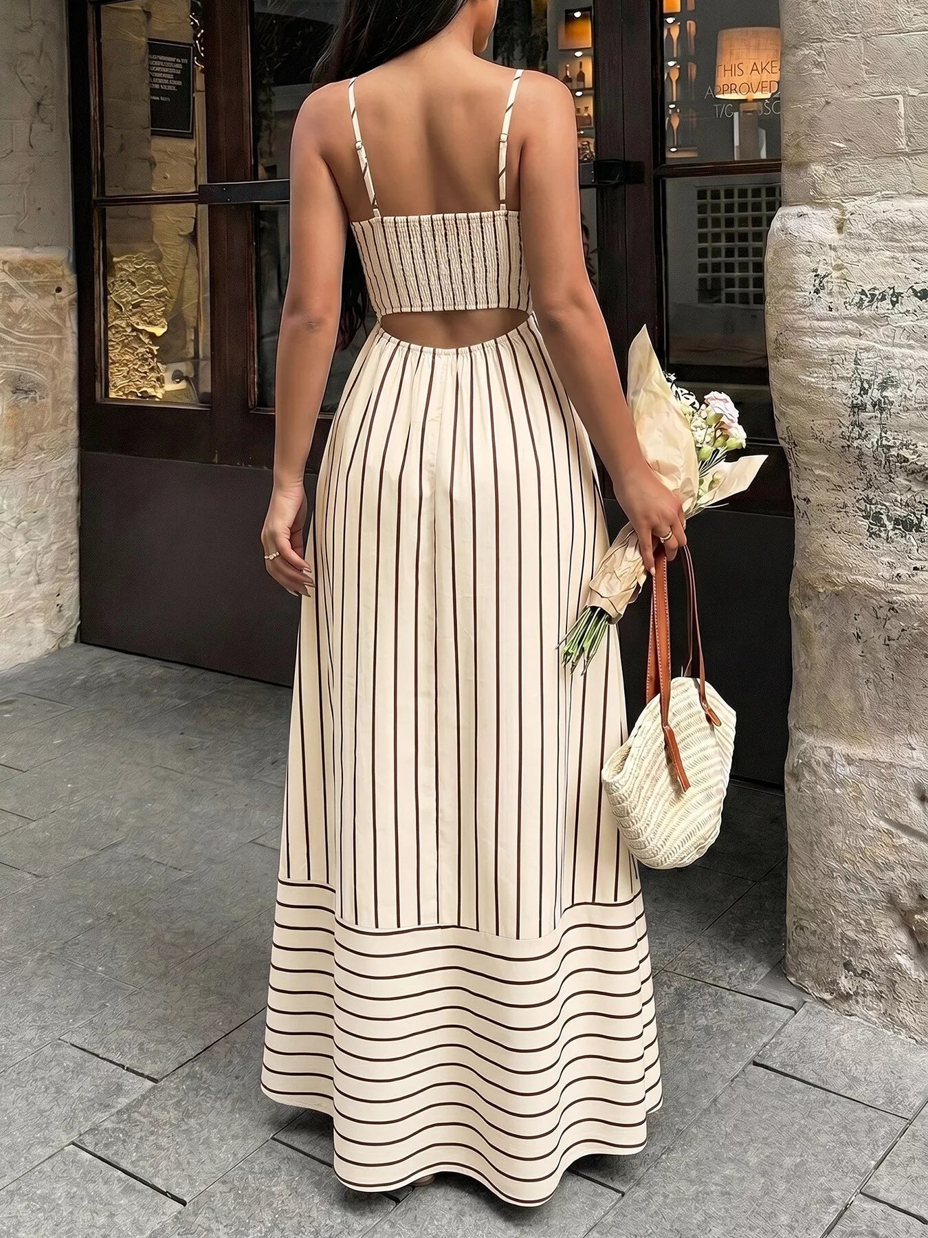Striped Print Spaghetti Strap Maxi Dress