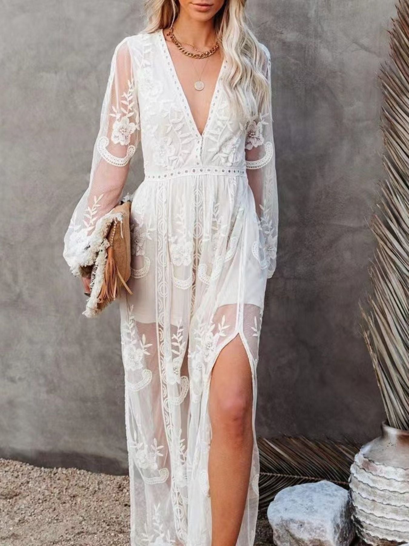 Floral Lace Slit Maxi Dress