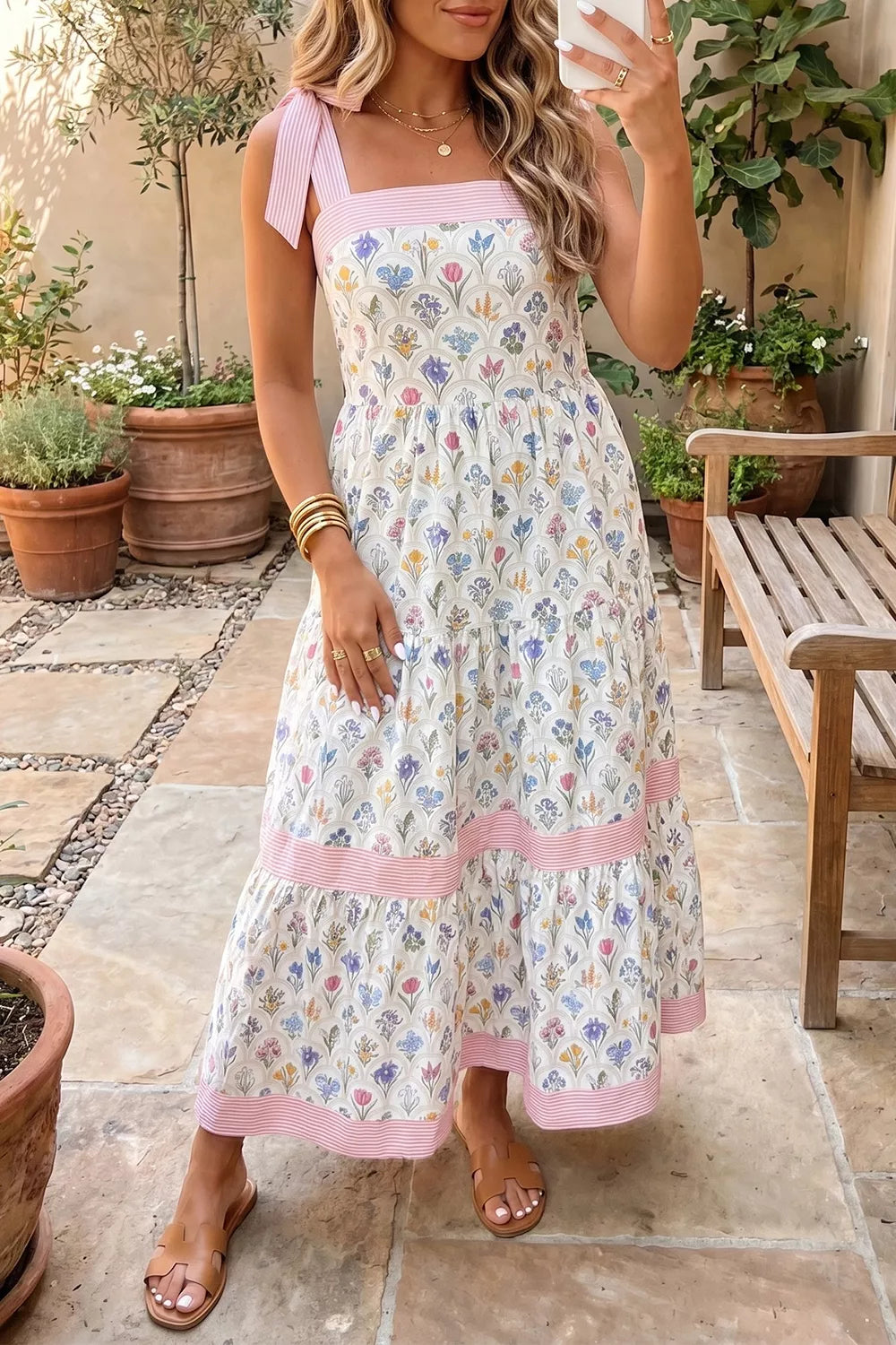Tiered Floral Tie Shoulder Midi Dress