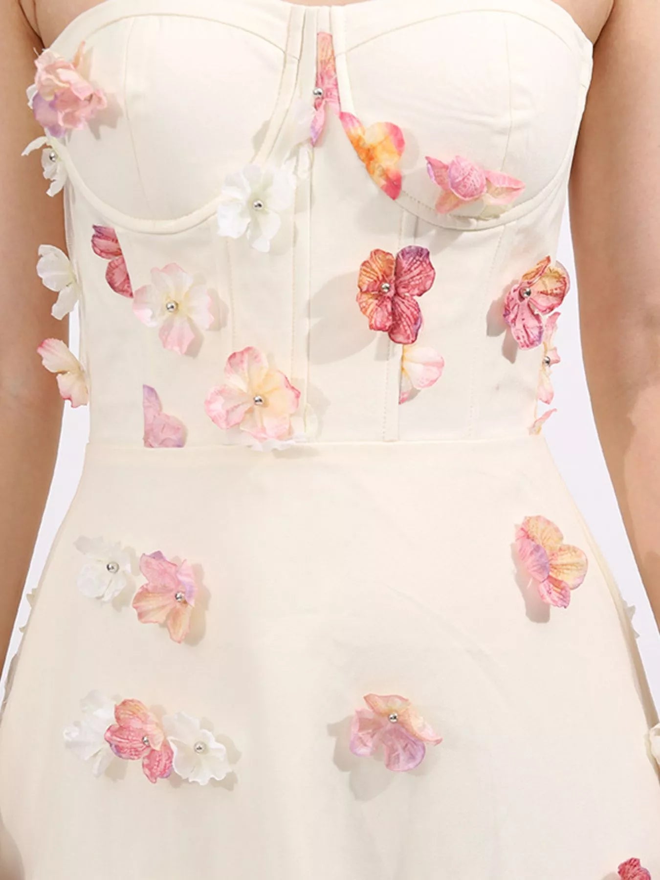 Floral Applique Strapless Tulle Maxi Dress