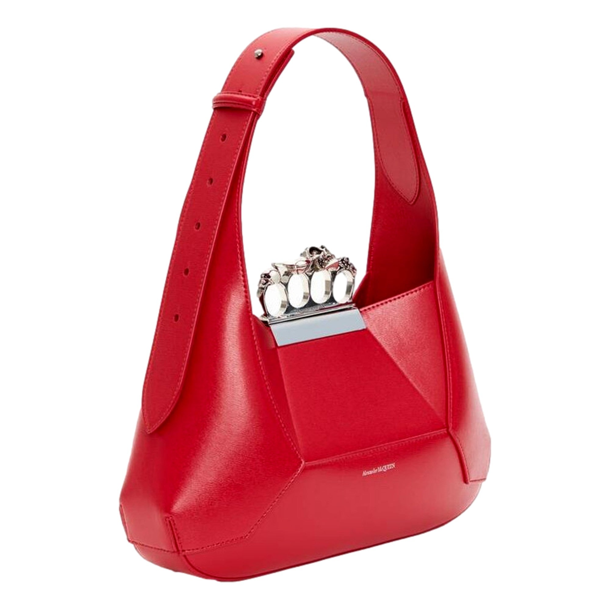 Alexander McQueen The Jewelled Hobo Bag in Red Leather with Silver Knuckle