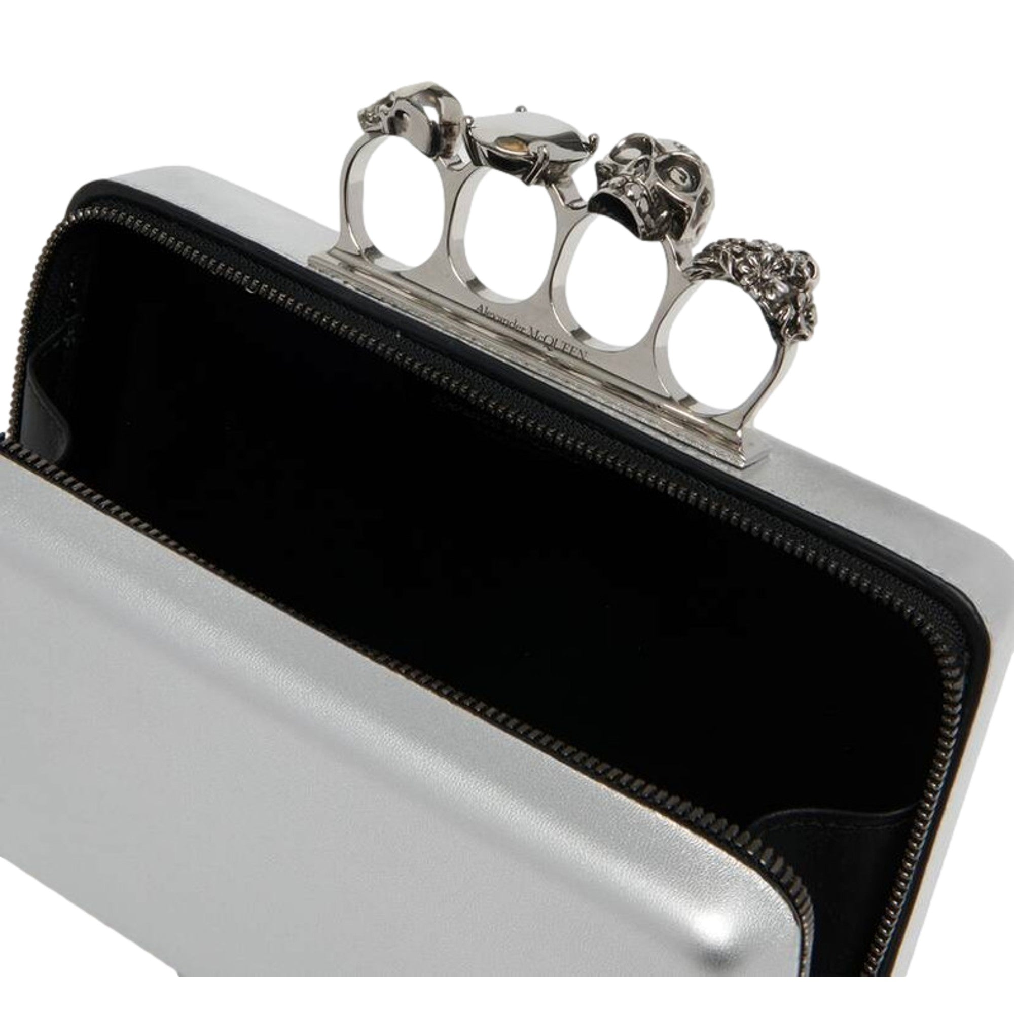 Alexander McQueen The Knuckle Silver Metallic Leather Zip Around Crossbody Bag Skull
