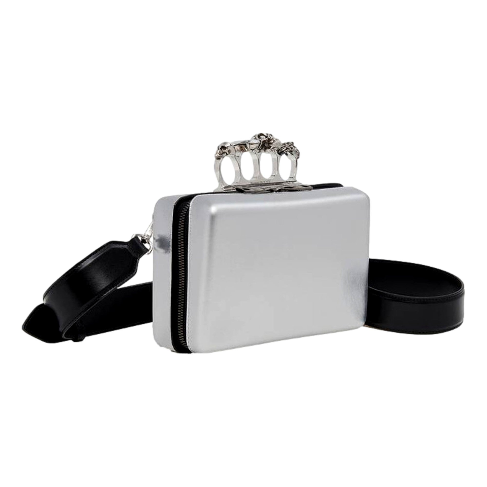 Alexander McQueen The Knuckle Silver Metallic Leather Zip Around Crossbody Bag Skull