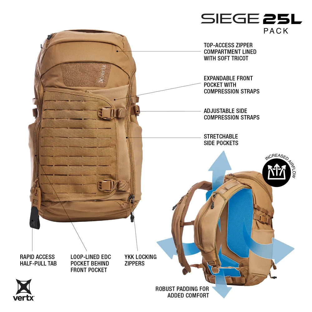 Vertx Siege 25L - Rapid Access CCW & Expandable Helmet Storage - Mission-Ready