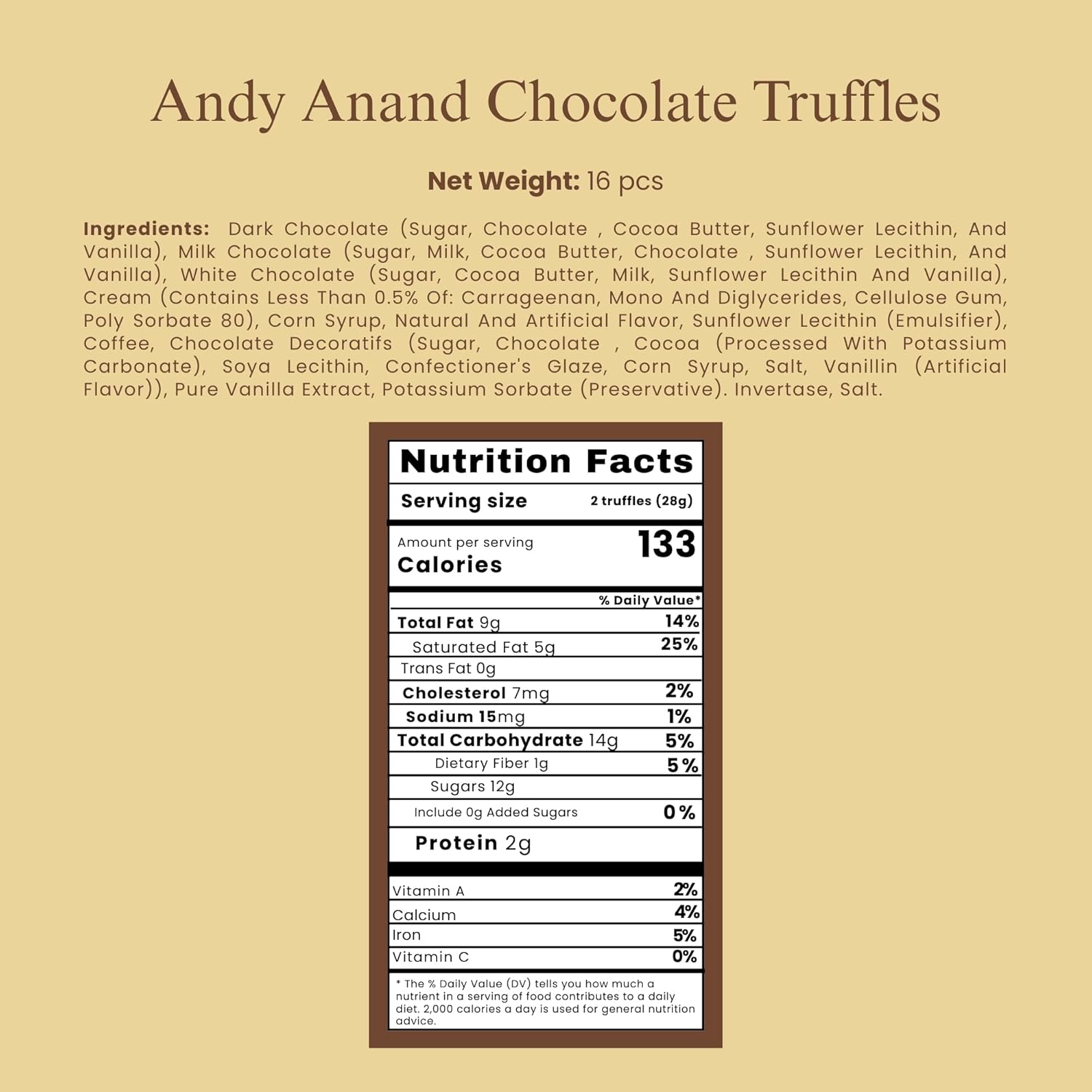 Andy Anand Assorted Belgian Chocolate Truffles Gift Box, 16 pc – Handmade Creamy Filled Gourmet Chocolates, Birthday & Holiday Gift Box - Overture Gifts