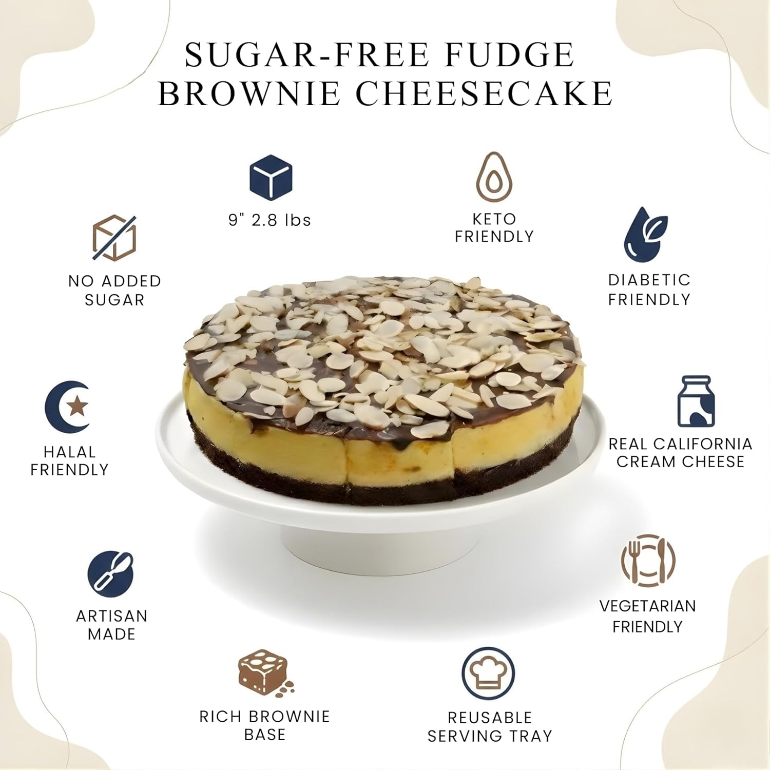 Andy Anand Fudge Brownie Cheesecake, 9-Inch, 2.8 lb – Halal, Real California Cream Cheese, No Preservatives, Birthday & Holiday Gift Box - Overture Gifts