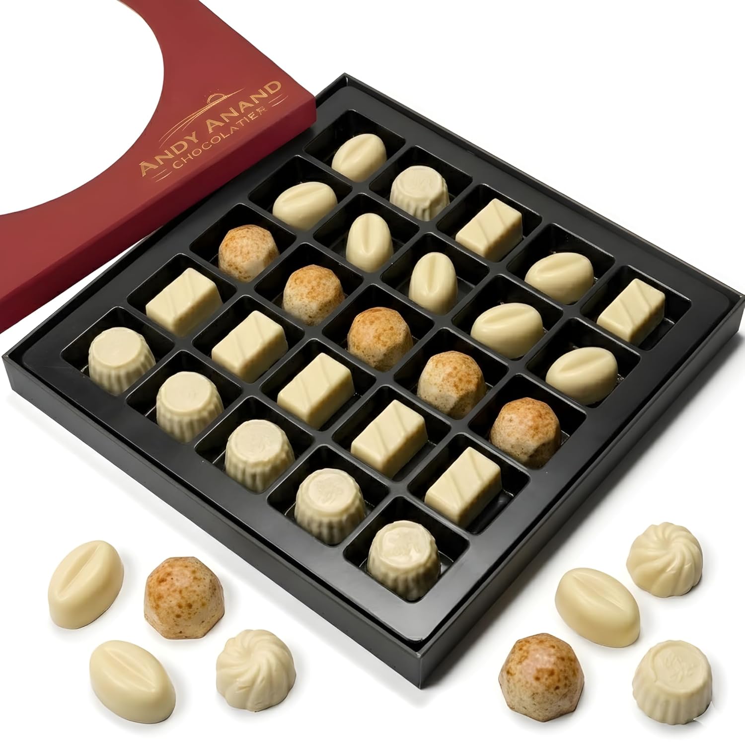 Andy Anand Sugar-Free Belgian White Chocolate Truffles & Pralines, 25 pc, 10.5 oz – Stevia Sweetened, Keto & Diabetic-Friendly Gift Box - Overture Gifts