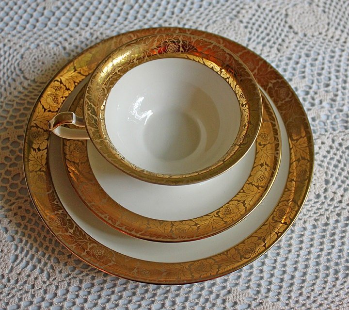 Antique Eschenbach Bavarian Porcelain Tea Trio: Gold Floral Cup, Saucer, Plate - Overture Gifts