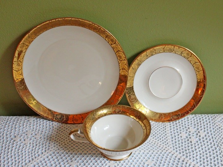 Antique Eschenbach Bavarian Porcelain Tea Trio: Gold Floral Cup, Saucer, Plate - Overture Gifts