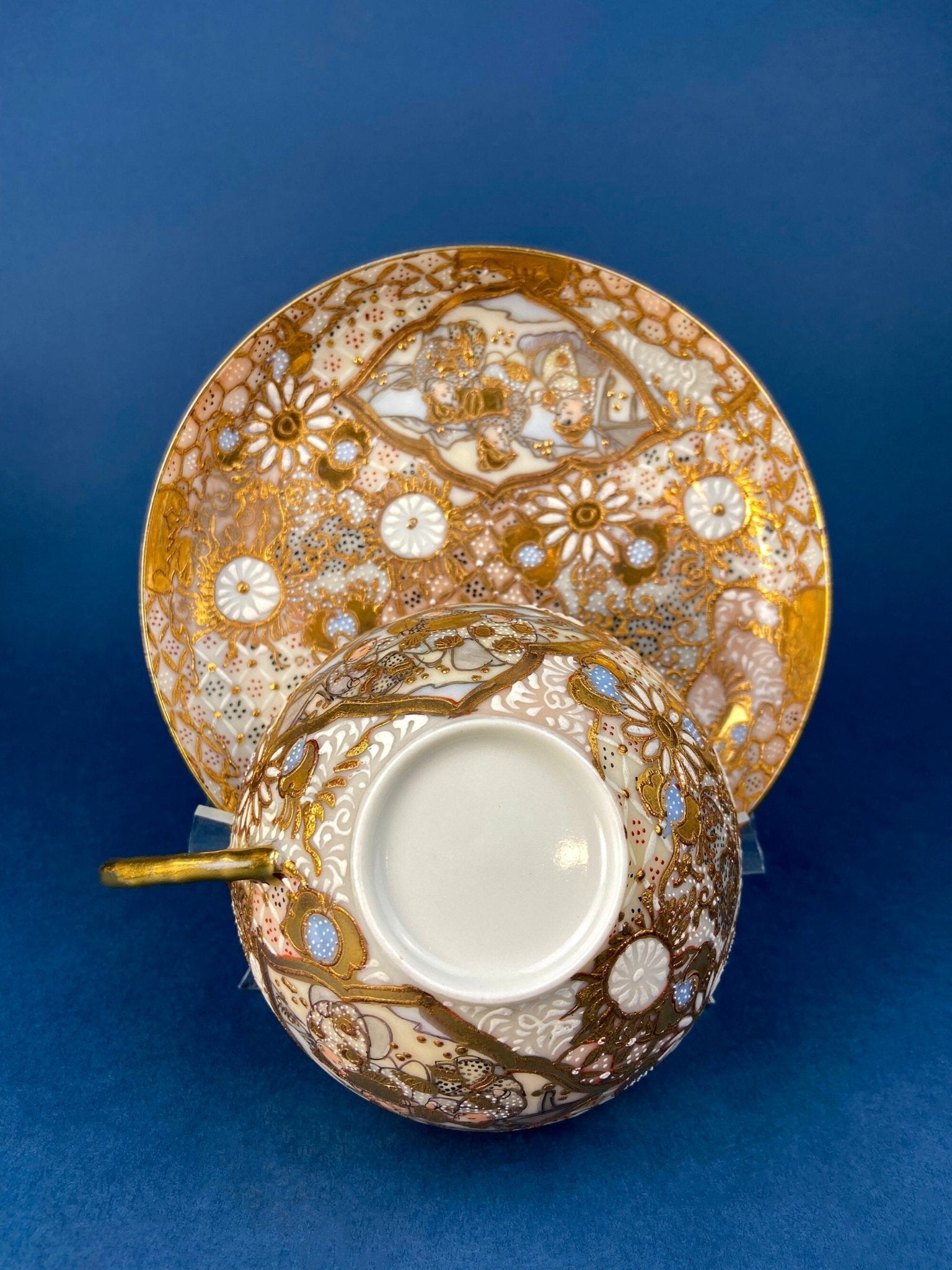 Antique Japanese Moriage Tea Cup Set. Gold Hand Painted Teaware with Teapot, Sugar Bowl, Creamer, and Six Japanese Tea Cups. - Overture Gifts