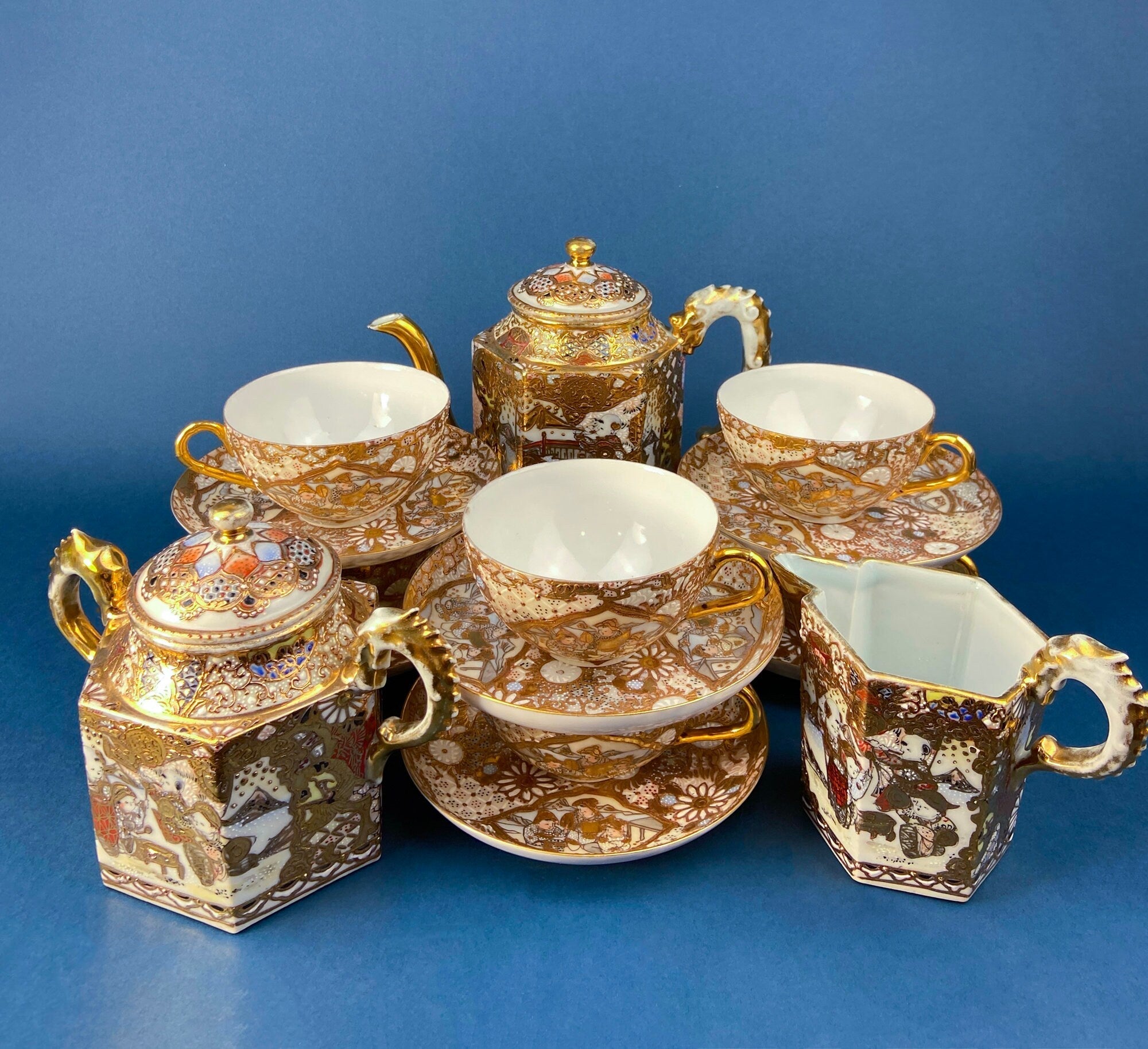 Antique Japanese Moriage Tea Cup Set. Gold Hand Painted Teaware with Teapot, Sugar Bowl, Creamer, and Six Japanese Tea Cups. - Overture Gifts