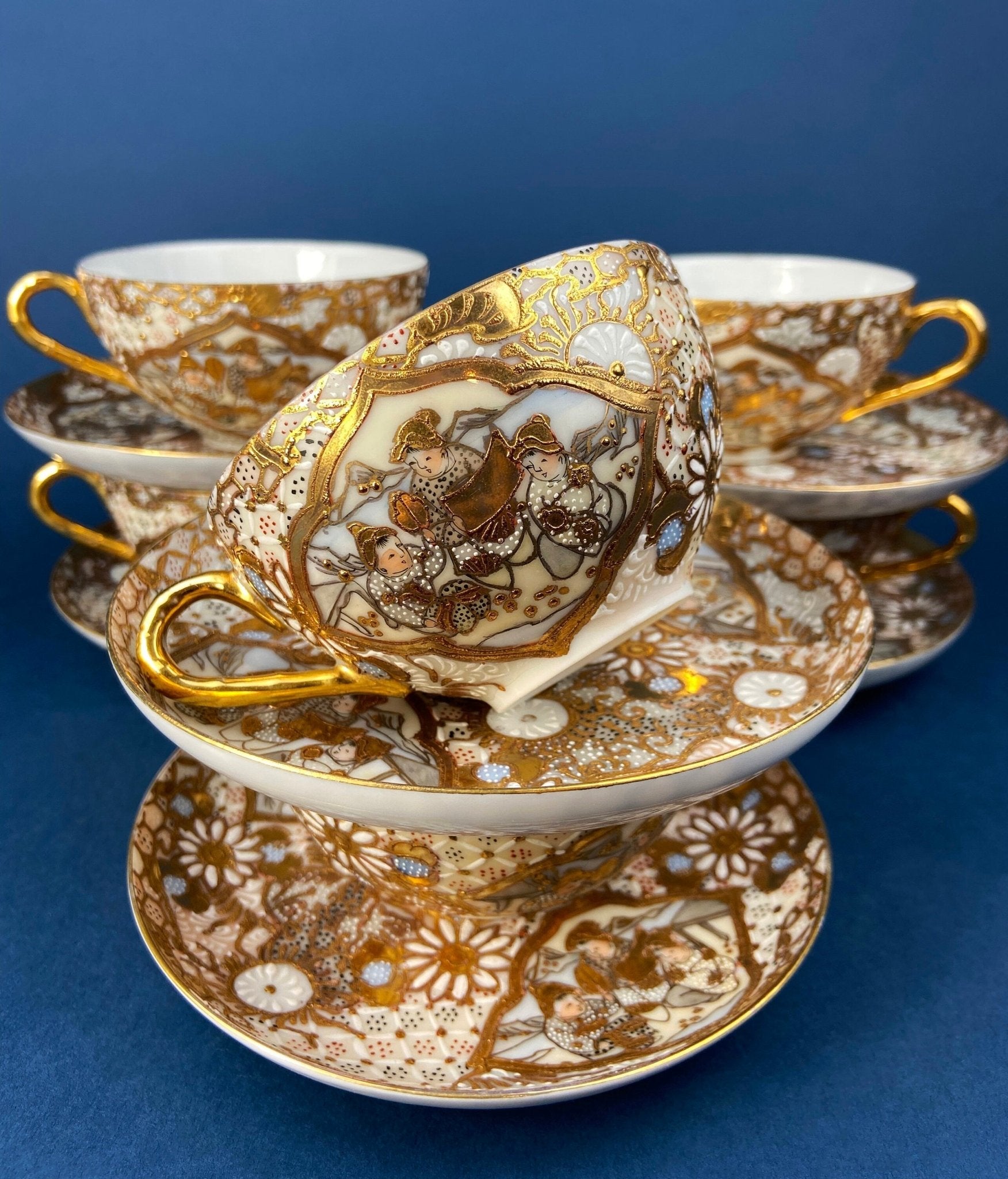 Antique Japanese Moriage Tea Cup Set. Gold Hand Painted Teaware with Teapot, Sugar Bowl, Creamer, and Six Japanese Tea Cups. - Overture Gifts