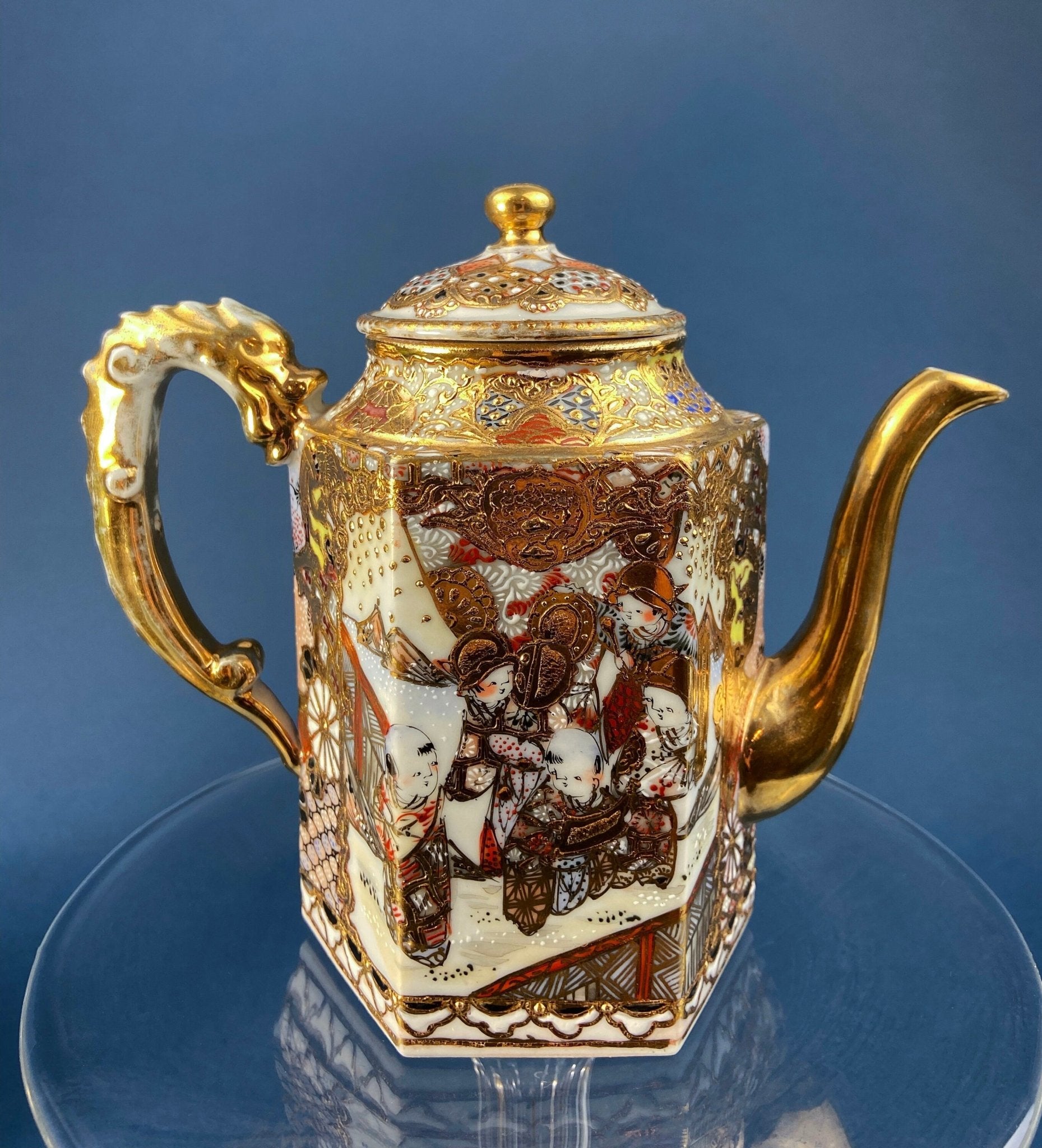 Antique Japanese Moriage Tea Cup Set. Gold Hand Painted Teaware with Teapot, Sugar Bowl, Creamer, and Six Japanese Tea Cups. - Overture Gifts