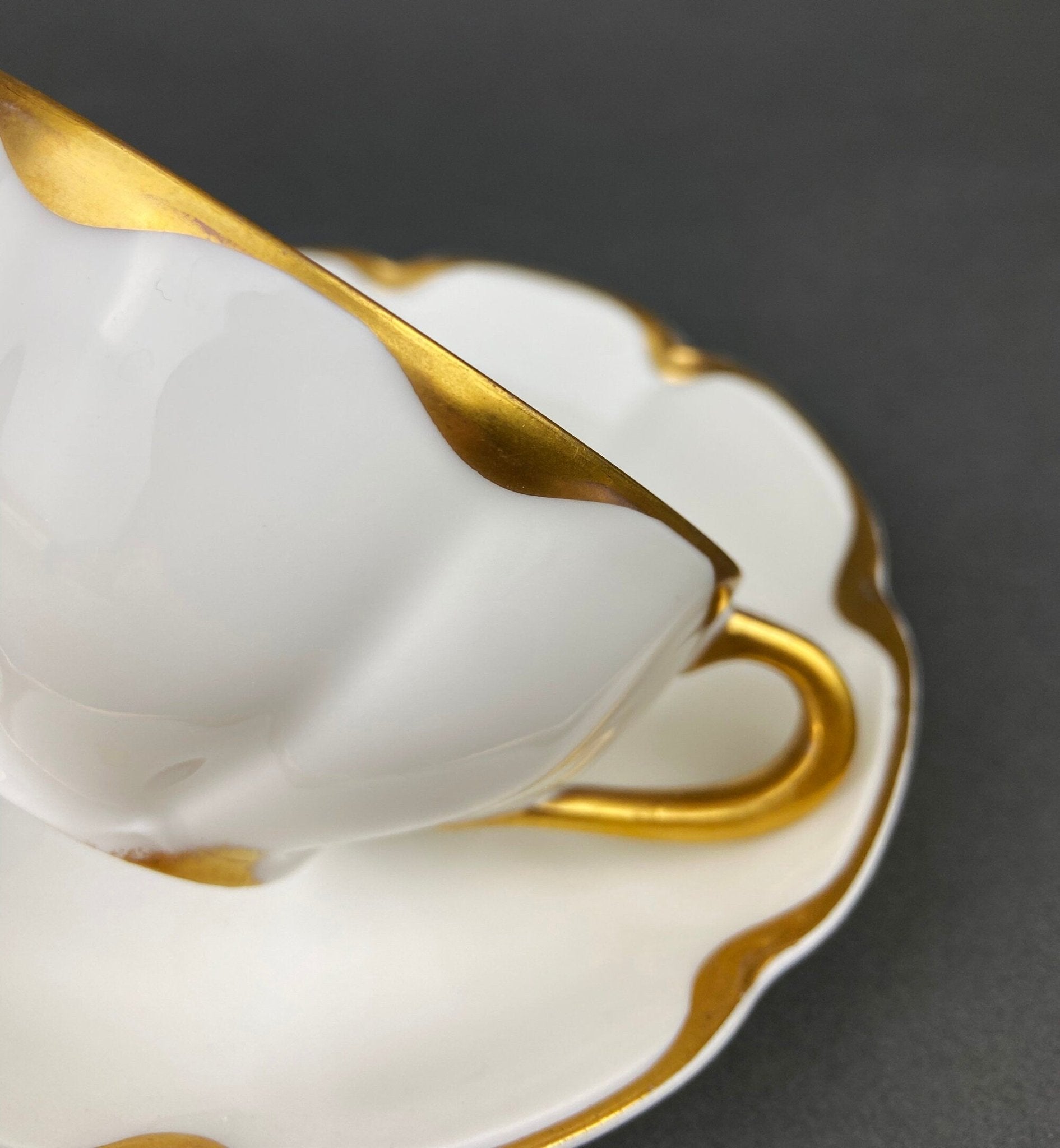 Antique Limoges Porcelain Tea Set/Trio. Tea Cup, Saucer and Salad Plate. White China with Scalloped Gold Rim, Theodore Haviland, France. - Overture Gifts