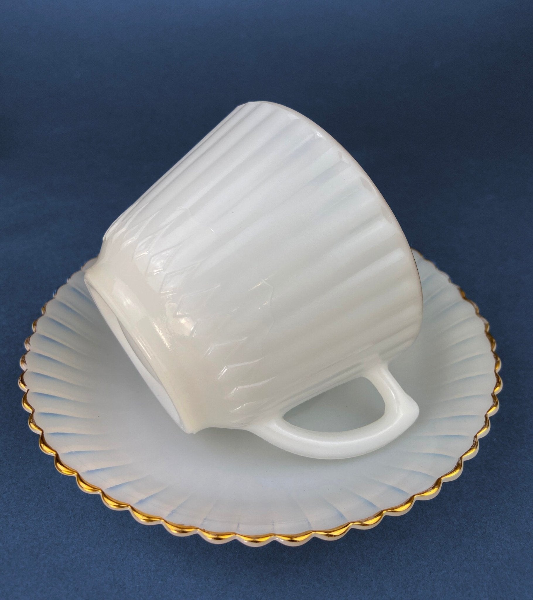 Antique Monax Petalware Opalescent Tea Set Trio. White and Gold Depression Glass Tea Cup, Saucer, Dessert or Salad Plate & Serving Plate. - Overture Gifts