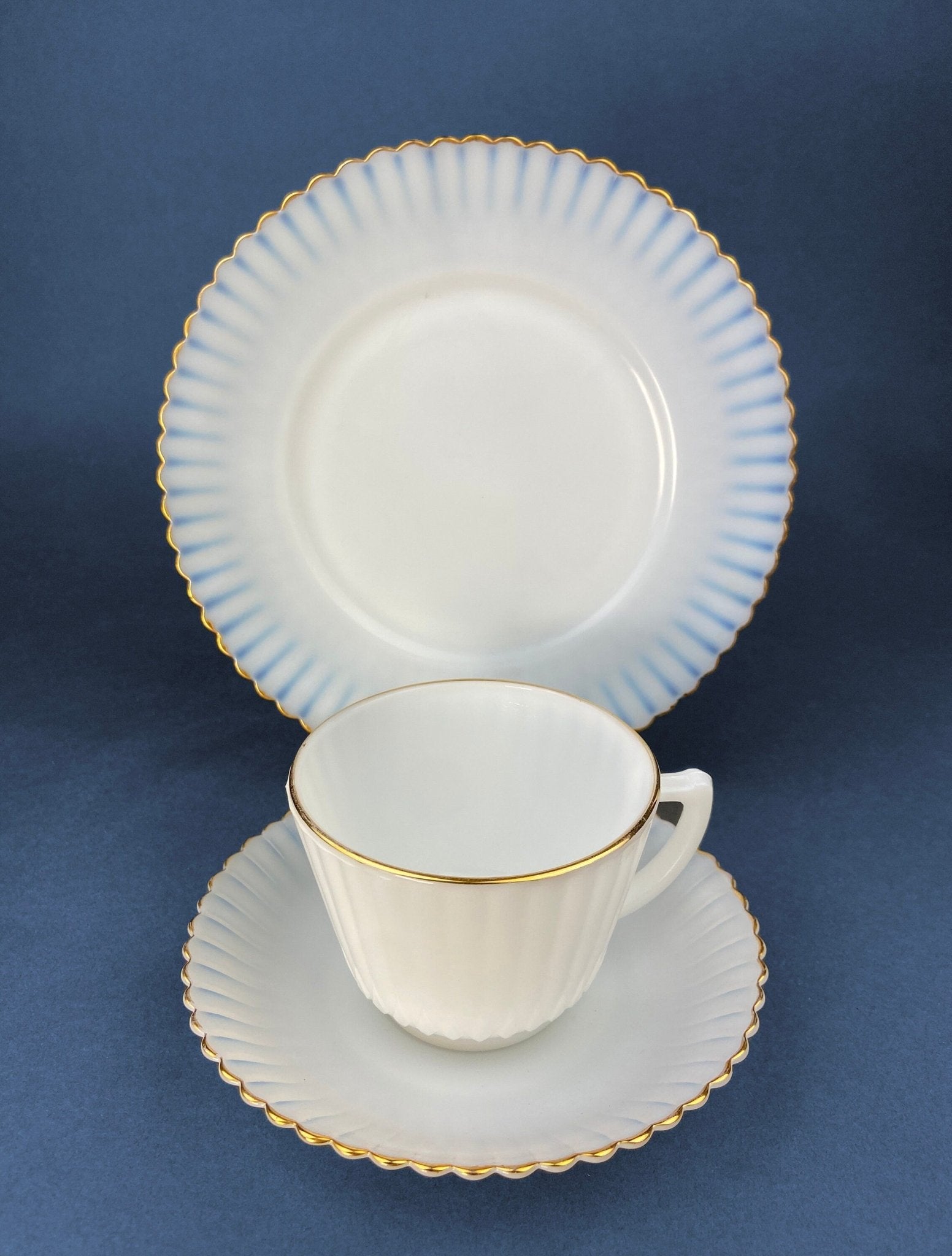 Antique Monax Petalware Opalescent Tea Set Trio. White and Gold Depression Glass Tea Cup, Saucer, Dessert or Salad Plate & Serving Plate. - Overture Gifts