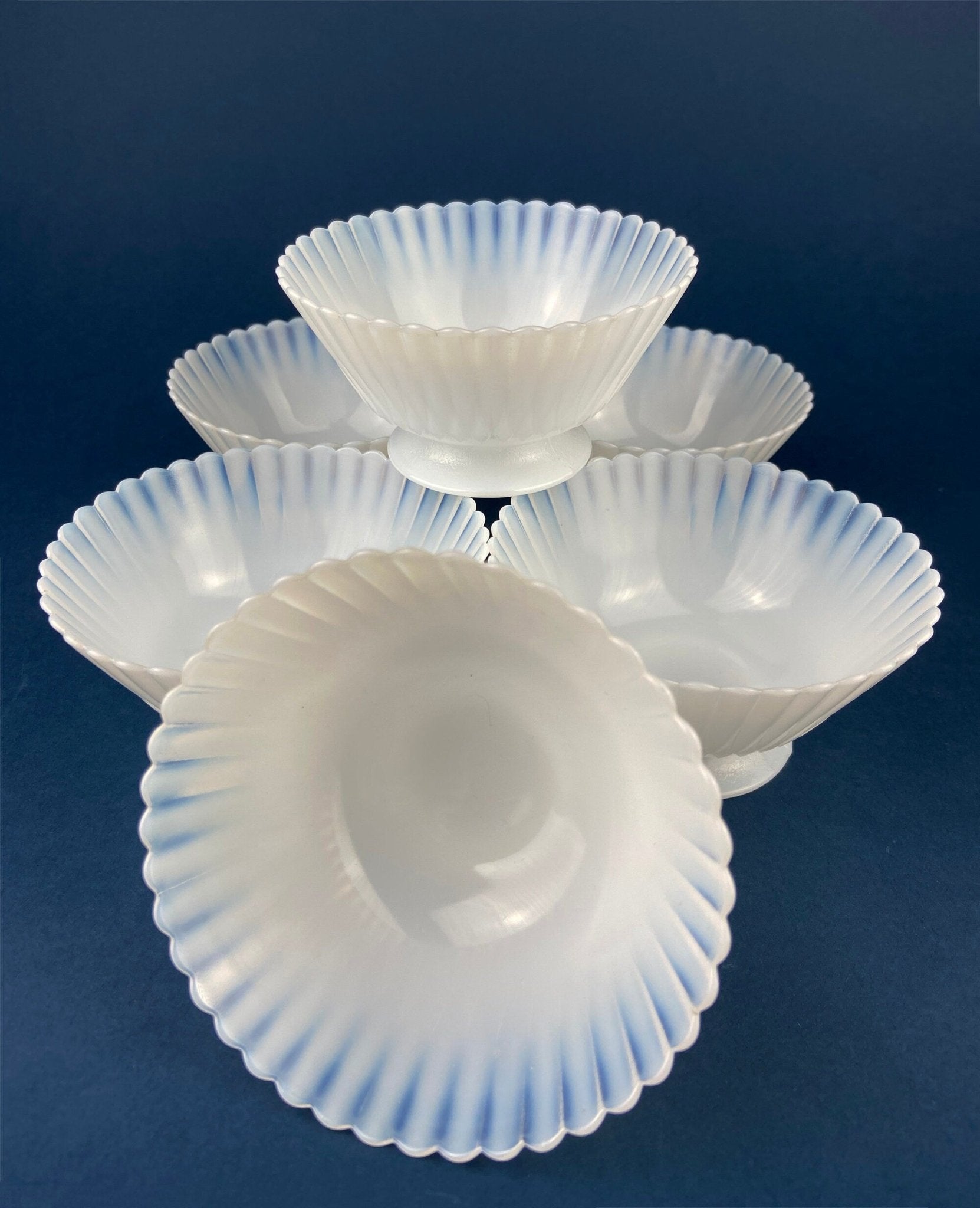 Antique Monax Petalware Opalescent Tea Set Trio. White and Gold Depression Glass Tea Cup, Saucer, Dessert or Salad Plate & Serving Plate. - Overture Gifts