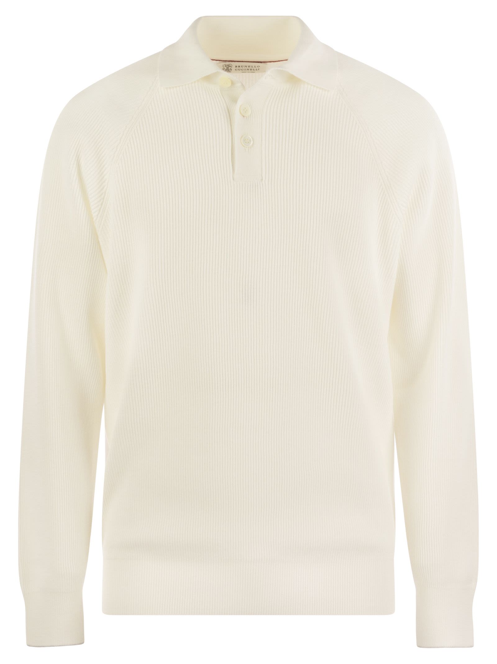 Brunello Cucinelli Men Cotton Rib Knit Polo Shirt With Long Raglan Sleeve