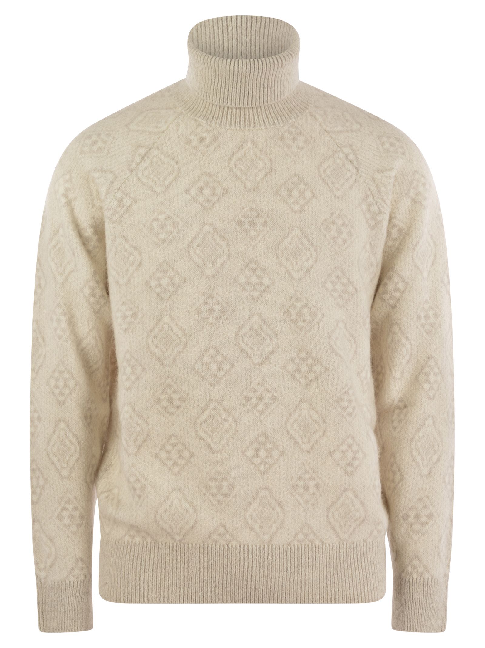 Brunello Cucinelli Men Geometric Jacquard Turtleneck Sweater In Alpaca, Cotton And Wool