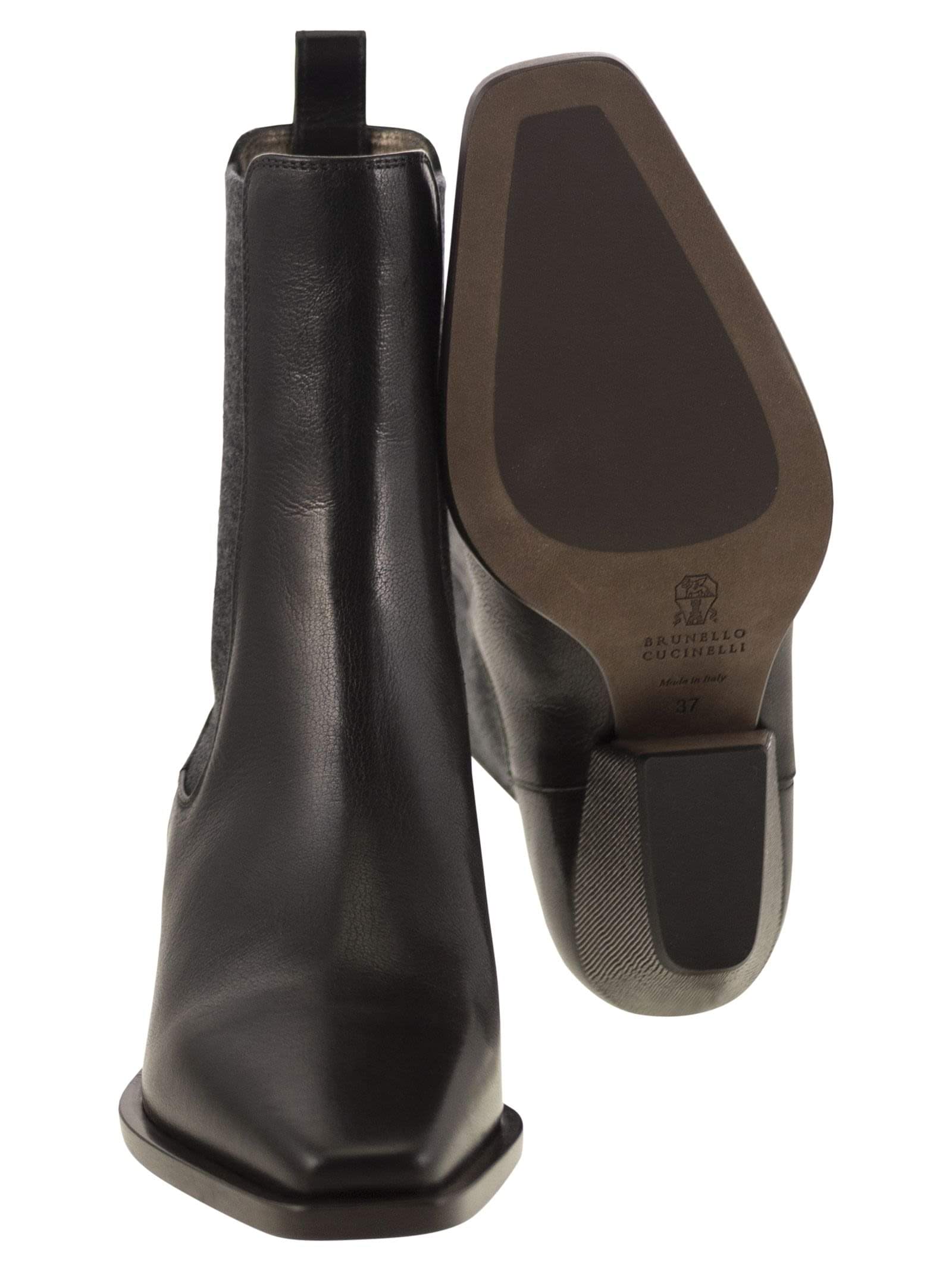 Brunello Cucinelli Women Classic Leather Chelsea Boot With Precious Block Heels