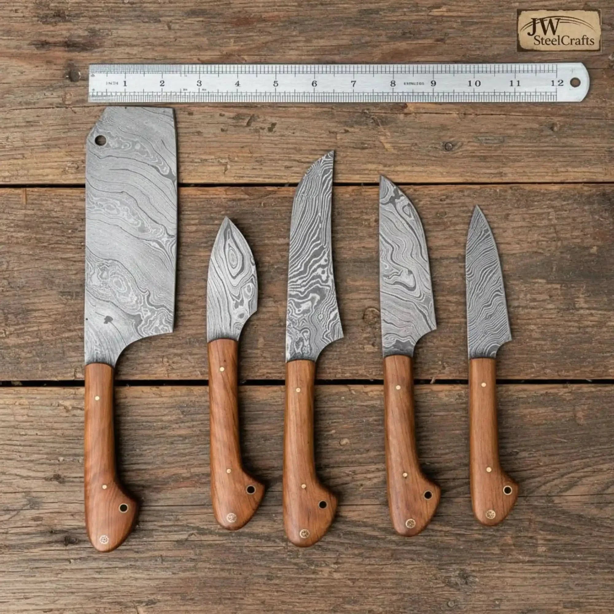 5-Piece Damascus Kitchen Knife Set Cleaver, Chef, Utility, Boning & Paring with Olive Wood Handles & Brass Pins