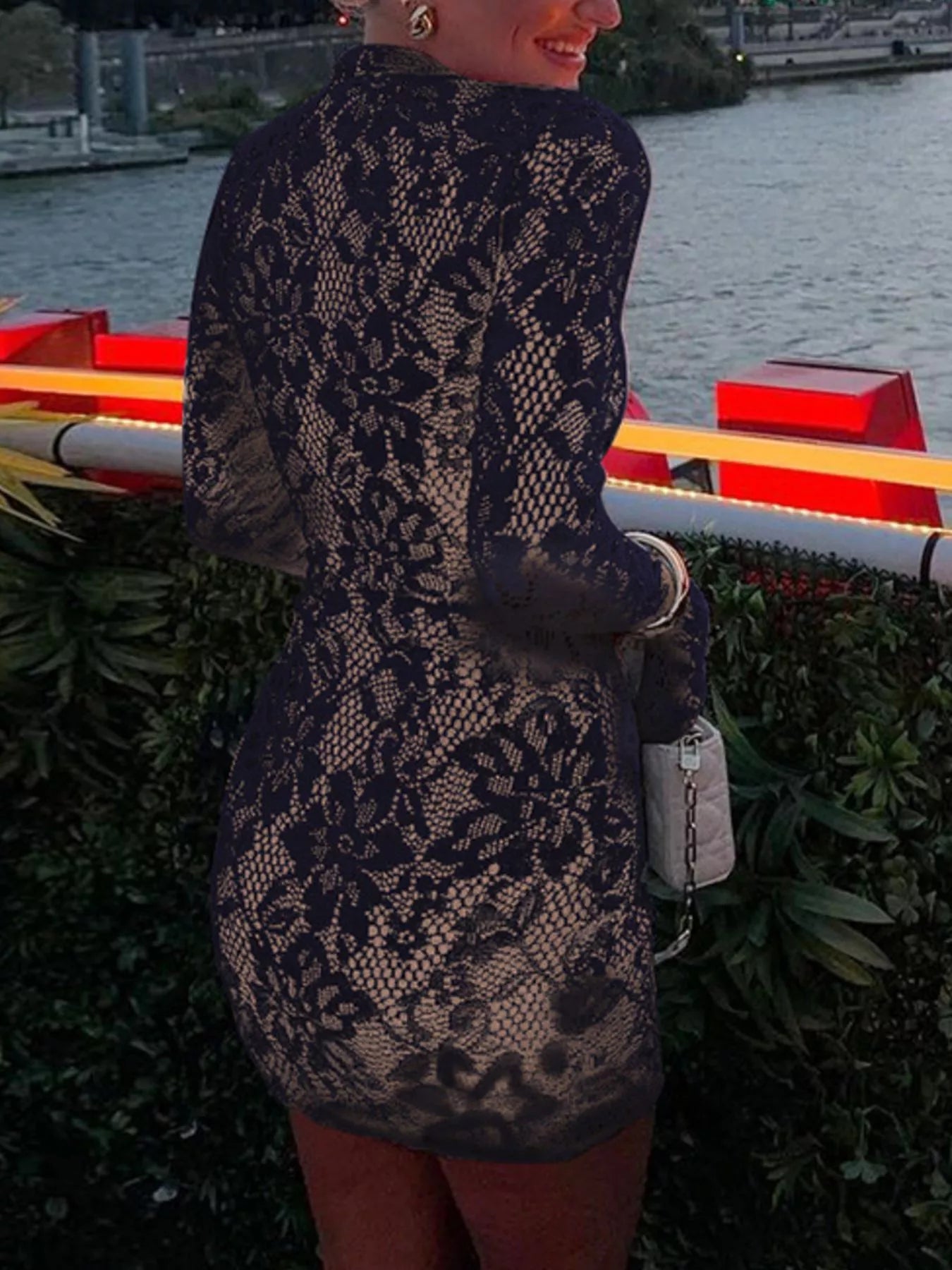 Lace Cutout Long Sleeve Mini Dress